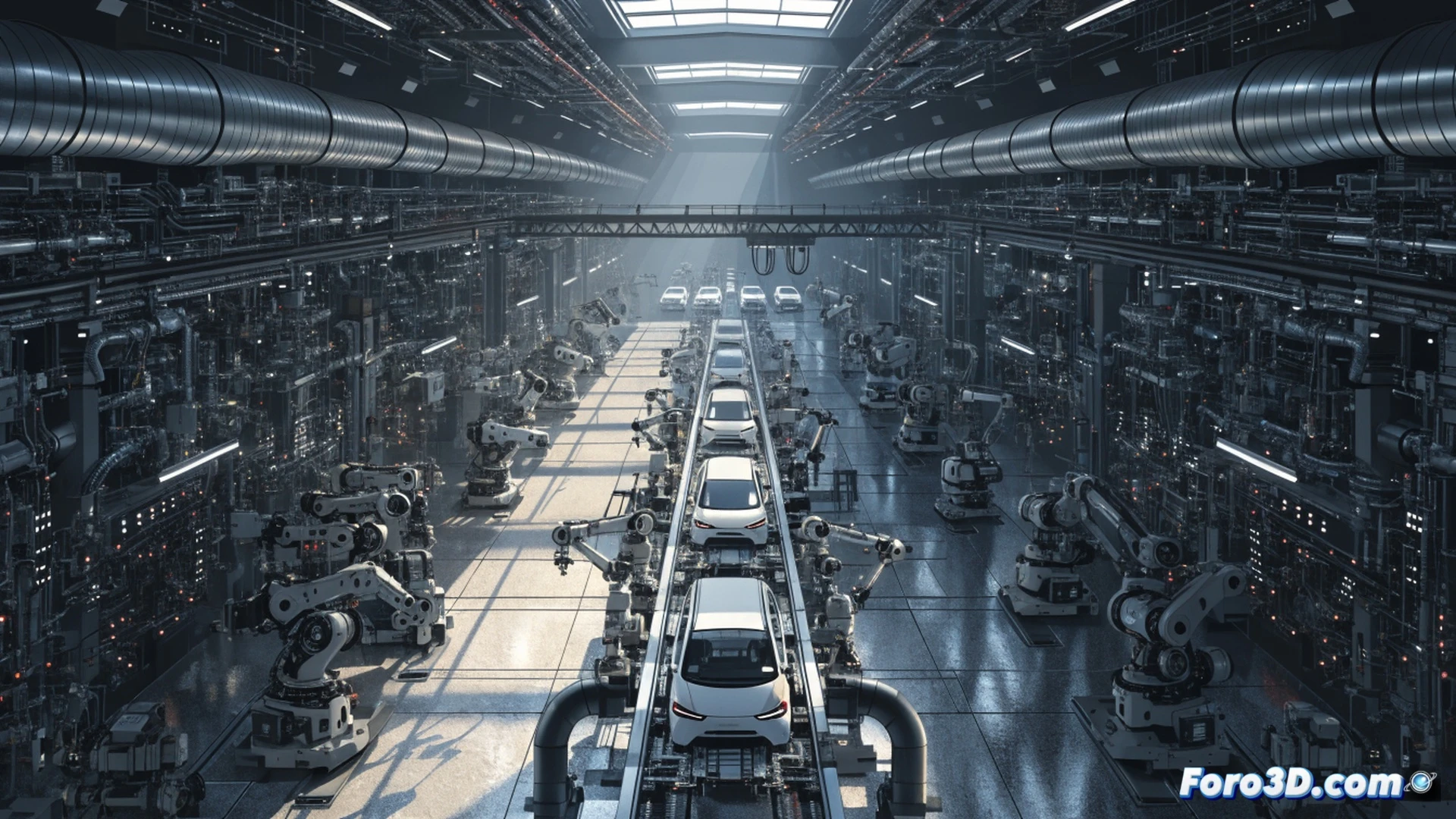cinematic aerial view of a massive futuristic EV factory under construction in Ferrol, Spain, robotic assembly arms installing battery packs into a white electric sedan chassis, glowing orange welding sparks on the production line, European Union flag and Chinese SAIC logo on factory wall, shipping containers labeled EU parked nearby, photorealistic engineering visualization, dramatic sunset lighting, industrial smoke stacks in background, ultra-detailed mechanical components, motion blur on conveyor belt