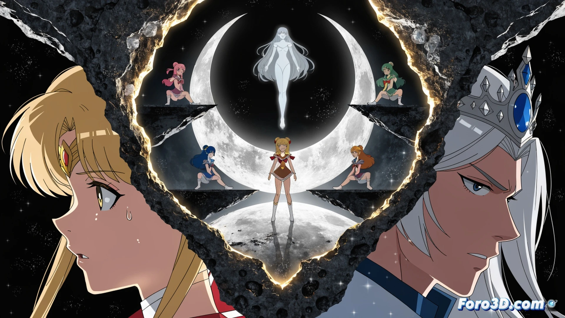 Sailor Guardians en posición de combate alrededor de una consola holográfica lunar, mostrando transformaciones activas mientras rayos de luz plateada emergen de sus broches, cristales de luna girando sobre la superficie digital, estrellas fugaces impactando un escudo de energía circular, estilo cinematic technical illustration, iluminación dramática azul y rosa neón, texturas metálicas en los uniformes, partículas brillantes flotando durante el proceso de activación del poder lunar, fondo de cráteres lunares con líneas de circuito brillantes, render fotorrealista con alto contraste.