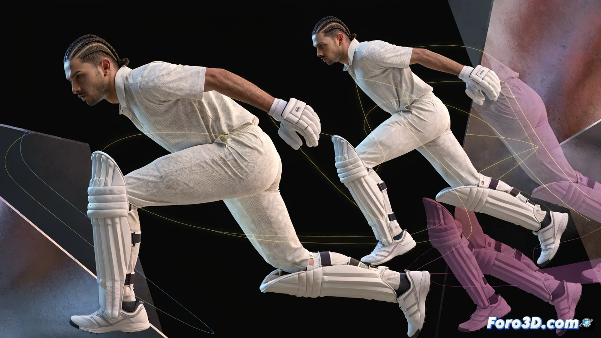 cricket batsman Saim Ayub in dynamic stance, front foot pressed forward while back foot pivots, bat raised mid-swing, weight shifting toward off side, eyes locked on incoming delivery, 3D wireframe overlay showing skeletal joint angles and foot pressure zones, glowing red trajectory lines from bowler to bat, green balance vectors radiating from hips, dark studio background with grid floor, cinematic technical illustration style, dramatic rim lighting on muscles and gear, photorealistic engineering visualization