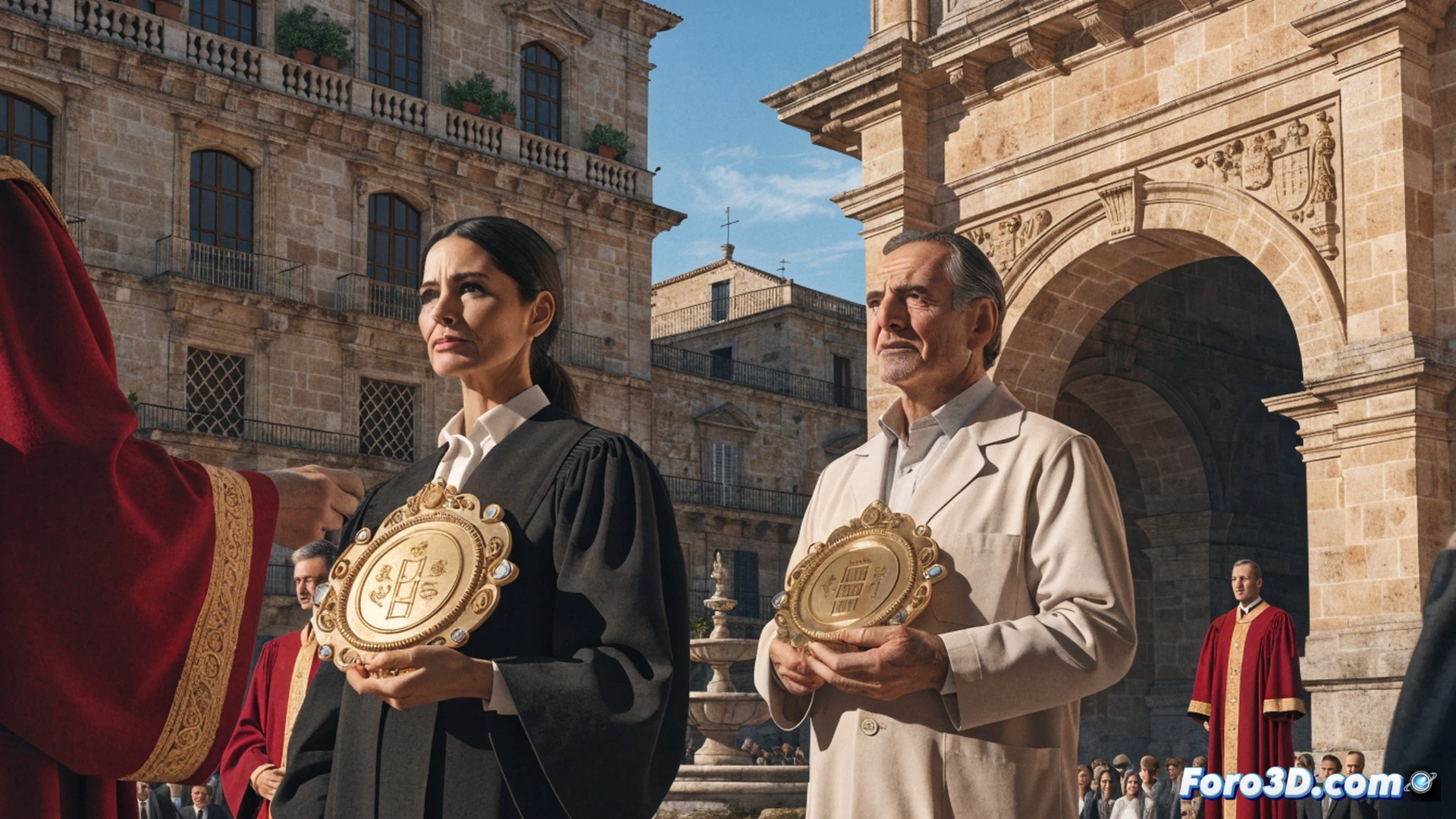 Plaza Mayor de Salamanca al atardecer, jurista Araceli Mangas sosteniendo una medalla de oro mientras un oncólogo ajusta su toga académica, bailarines contemporáneos girando entre columnas barrocas, partituras musicales flotando sobre el escenario, libros de derecho y diagramas de oncología molecular proyectados en pantallas LED, público aplaudiendo, luces cálidas de faroles históricos, estilo cinematográfico ultra realista, texturas de piedra arenisca detalladas, profundidad de campo suave