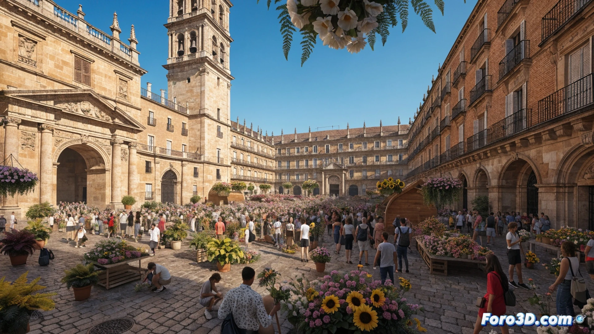 Plaza Mayor de Salamanca abarrotada de vecinos y turistas recibiendo plantas florales de manos de artesanos, mostrando macetas de barro con geranios y petunias, mientras un florista demuestra el trasplante de una planta a un joven asistente, fondo con fachadas barrocas iluminadas por sol de media tarde, bancos de madera rodeados de flores, cestas de mimbre con tierra y herramientas de jardinería como tijeras de podar y regaderas metálicas, estilo photorealistic cinematográfico, colores vibrantes, luz natural cálida, enfoque nítido en manos y flores, atmósfera festiva y educativa, alta definición técnica