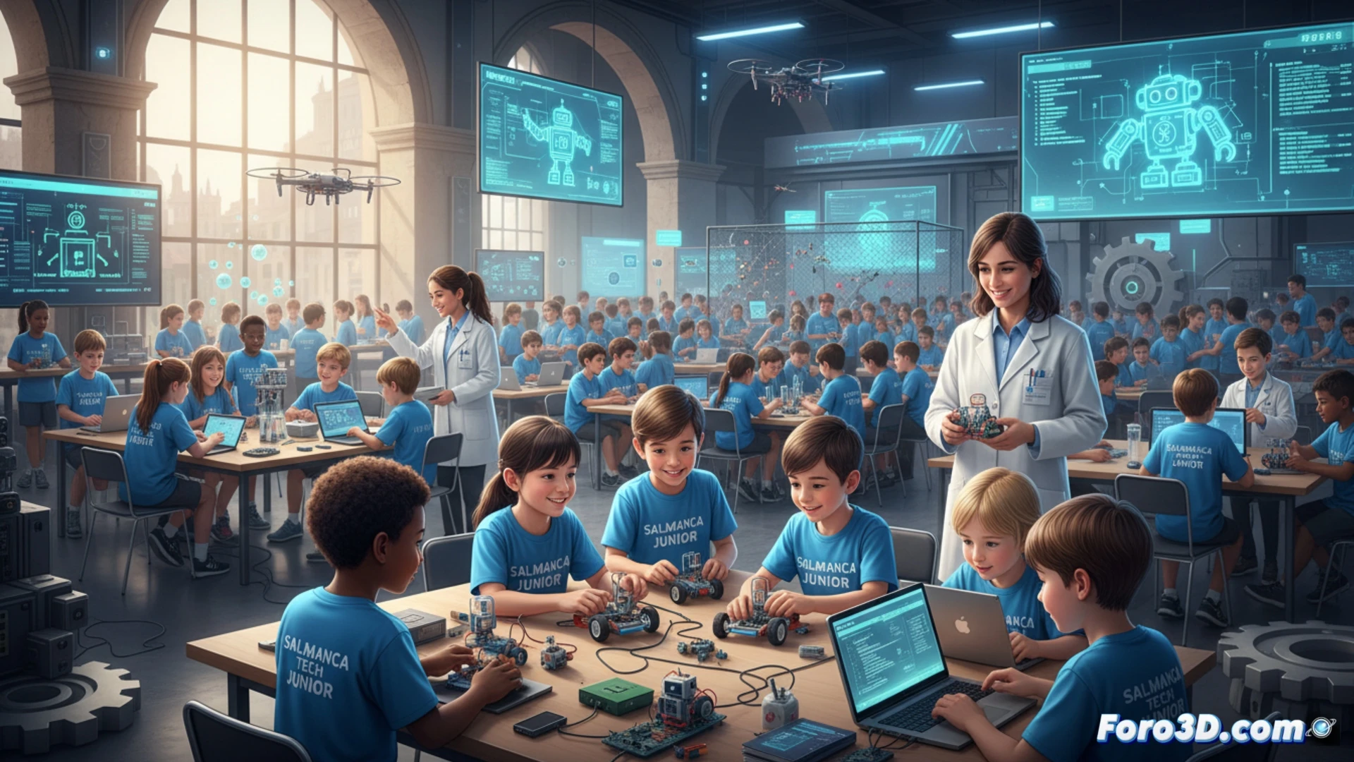 Grupo de 12 niños en mesa hexagonal con robots educativos de ruedas, un brazo robótico metálico sosteniendo un sensor, pantalla táctil mostrando bloques de código, cables USB conectados a placas Arduino, manos pequeñas ensamblando engranajes de plástico azul, fondo con pizarra digital y proyección de diagramas de circuitos, iluminación natural desde ventanal lateral, rostros concentrados y sonrisas, estilo cinematic photorealistic, profundidad de campo suave, colores saturados, texturas de componentes electrónicos y plástico mate visibles.