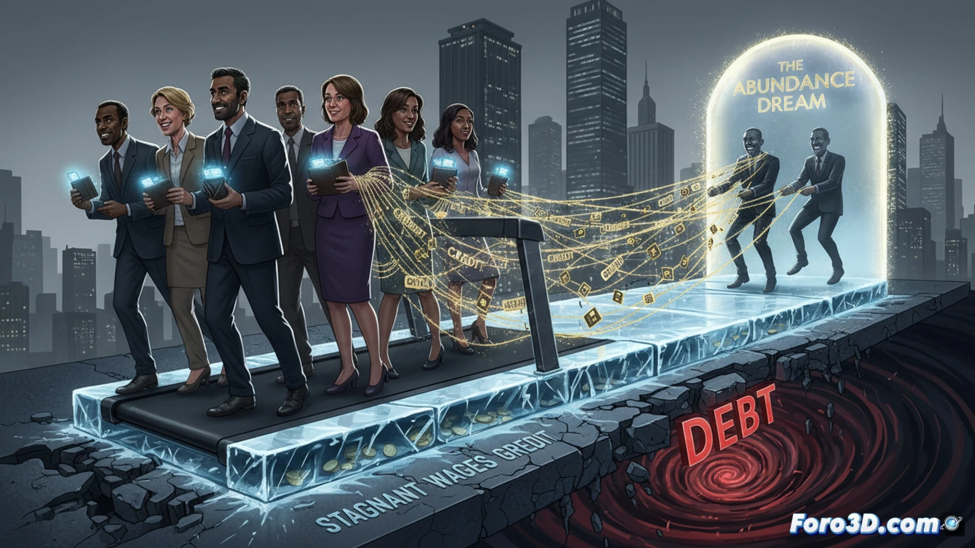 middle-class hand holding a cracked smartphone, credit card inserted into a card reader with declining balance error, empty wallet beside a glowing shopping cart icon, a frozen digital clock showing same salary year after year, a shadowy figure in a suit pulling strings behind a neon sale sign, cinematic photorealistic style, dramatic chiaroscuro lighting, dust particles floating in a dark room, subtle lens flare on credit card chip, ultra-detailed fabric textures on worn shirt sleeve, hyperrealistic economic tension scene