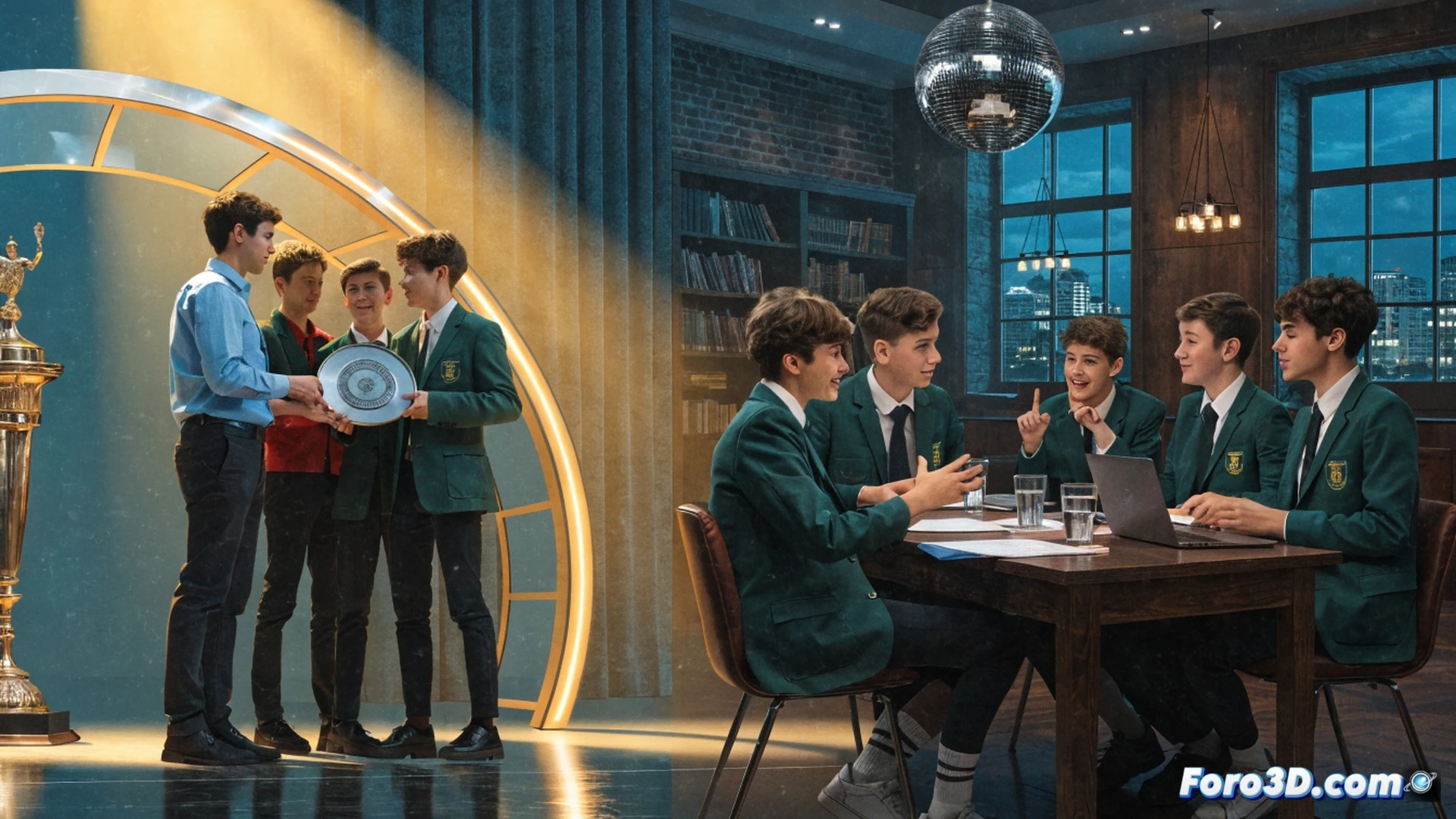 three teenagers in school uniforms standing at a podium, one holding a silver medal, their mouths open mid-argument while pointing at a digital timer counting down, behind them a large projection screen shows a live debate bracket with highlighted team names, wooden lectern with microphones and a glowing red recording light, wirelessly connected tablets on the table displaying a shared document with bullet points, cinematic photorealistic style, shallow depth of field focusing on the medal and the timer, warm stage lighting casting long shadows, blurred audience in the background, competitive atmosphere, technical debate equipment visible