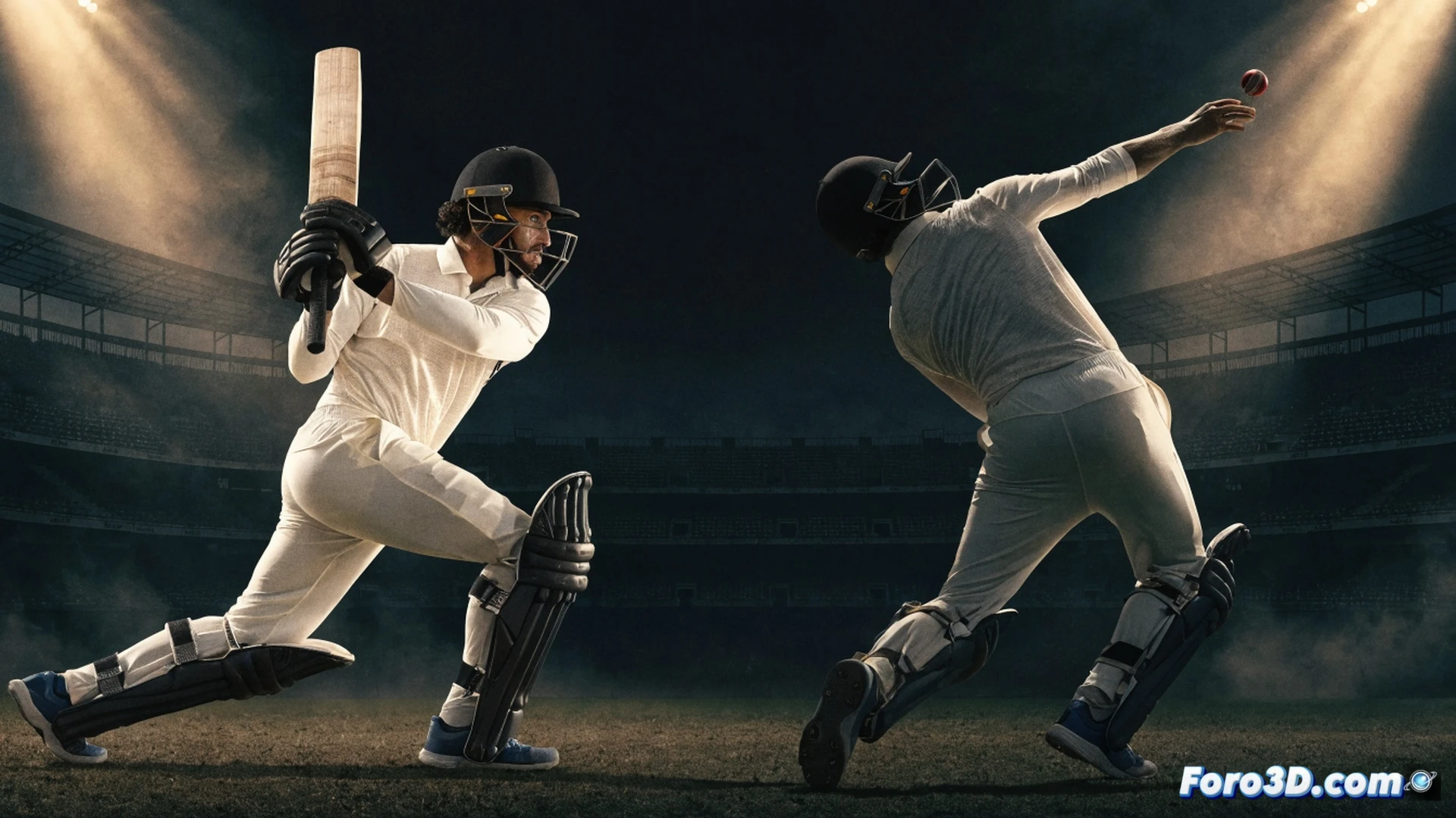 Cricket player mid-batting stance on a 3D technical analysis platform, spin bowler grip visible on ball, biomechanical motion lines tracing shoulder rotation and wrist snap, green pitch with glowing tactical zone overlays, split-screen showing finger spin release technique beside batting footwork diagram, engineering visualization with translucent skeletal overlay and joint angles, dark studio background with edge lighting, photorealistic technical render, cinematic depth of field