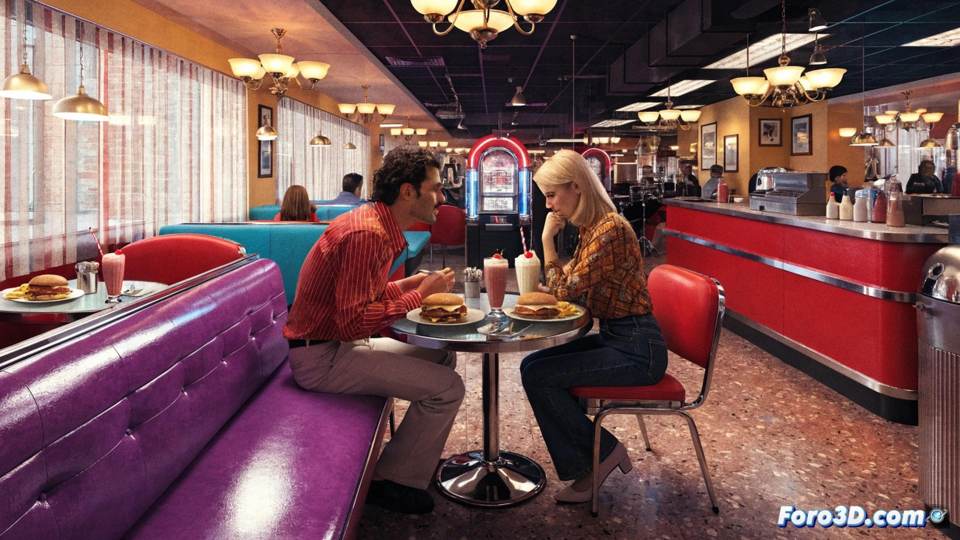 retro diner interior at golden hour, waitress in vintage roller skates carrying a tray with oversized milkshake and burger, neon signs spelling diner classics on checkered walls, jukebox glowing with vinyl records, families laughing at red vinyl booths while arcade machines flash, photorealistic cinematic render, warm amber and pink neon lighting, chrome countertops reflecting blurry motion of customers, nostalgic 70s and 80s memorabilia on shelves, detailed textures of cracked leather and glossy tiles, dynamic scene with steam rising from burgers and condensation on milkshake glasses