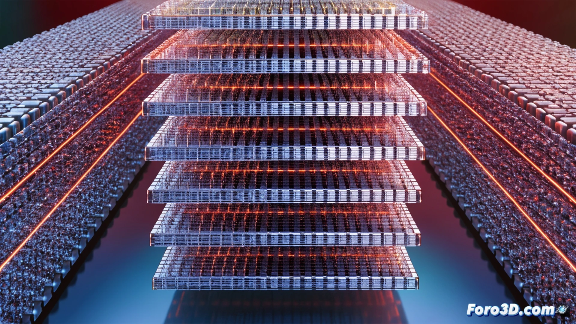 Samsung semiconductor fabrication facility, robotic arms stacking glowing blue 3D transistor layers onto a silicon wafer, microscopic fin-shaped structures interlocking vertically, electron microscope beams scanning the stacked architecture, energy efficiency graphs rising beside the process, cleanroom environment with yellow lighting, engineers monitoring holographic display showing layer alignment, futuristic engineering visualization, metallic reflections, ultra-detailed chip surface textures, photorealistic technical render