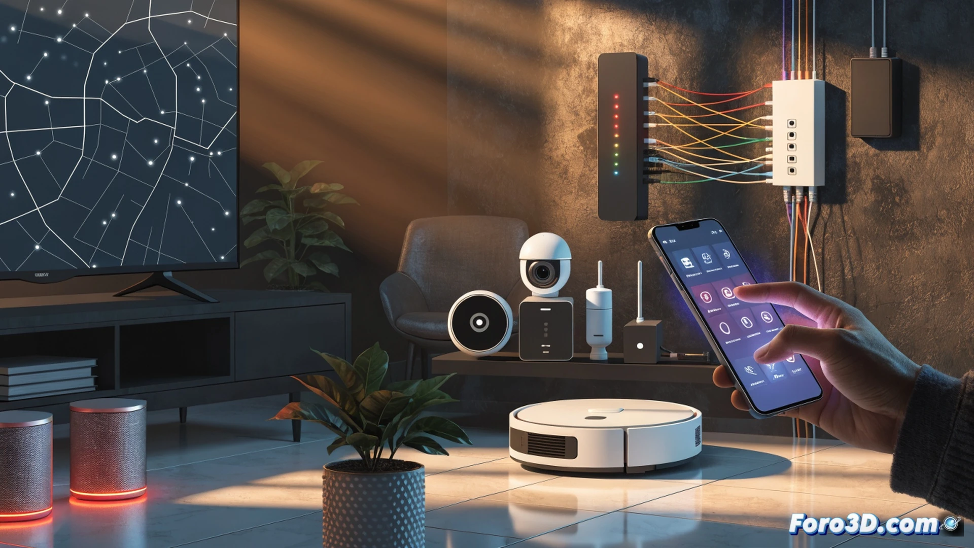 smart home developer workspace, developer typing code on laptop while SmartThings API error message appears on screen, smartphone showing monthly payment of 4 dollars 99 cents, Home Assistant dashboard visible on tablet with disconnected device icons, technical diagram of smart home integration pipeline with broken connection lines, cinematic engineering visualization, warm desk lamp lighting contrasting with cold blue screen glow, photorealistic tech scene, frustrated gesture captured mid-action, cables and sensors scattered on desk, dramatic shadows highlighting the payment barrier