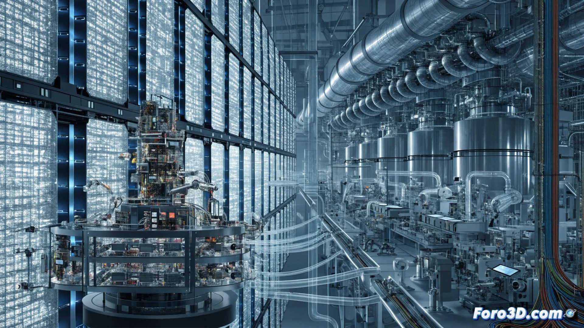 massive semiconductor wafer fabrication cleanroom, robotic arms transferring glowing silicon wafers between lithography machines, engineers in white hazmat suits inspecting etching equipment, holographic data streams showing AI chip production metrics floating above assembly lines, Samsung and SK hynix logos embedded on automated guided vehicles moving through yellow-lit corridors, cinematic engineering visualization, hyperrealistic metallic surfaces, cool blue ambient light mixed with warm orange from furnaces, dust-free environment, motion blur on robotic movements, ultra-detailed mechanical joints and circuit patterns, photorealistic industrial render