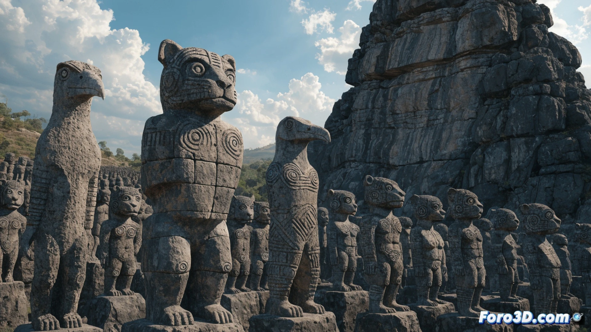 photorealistic cinematic scene of a colossal volcanic stone statue in San Agustin, Colombia, half-carved jaguar-human hybrid emerging from raw rock, ancient stone chisels and abandoned hammer tools scattered on the ground, misty jungle background, dramatic golden hour sunlight casting long shadows, weathered chisel marks visible on the statue surface, archaeological excavation grid lines faintly traced on the ground, technical illustration style, ultra-detailed stone texture, moss growing on unfinished carvings, atmospheric haze, depth of field focusing on the statue face, 8K photorealistic render