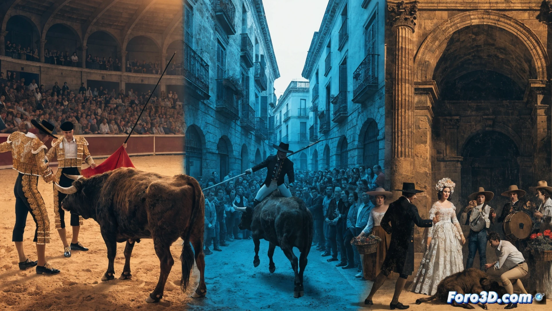 plaza de toros de Palencia iluminada al atardecer, tres toreros en traje de luces enfrentando un toro bravo durante la suerte de varas, caballo de rejoneador en primer plano con capote bordado, palco presidencial decorado con festones dorados, graderío abarrotado de público, banderillas clavadas en el morrillo del toro, albero marcado por huellas de arrastre, estilo cinematográfico realista, luces de arena dorada, sombras largas de la tarde, textura de ladrillo visto en el ruedo, fotografía taurina de alta definición