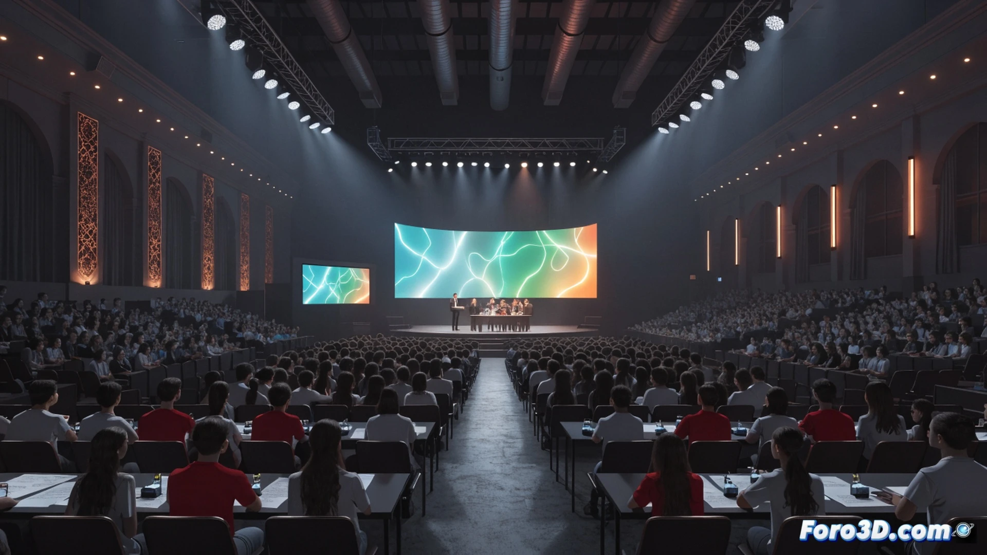Estudiantes adolescentes en un escenario iluminado con focos led, compitiendo en un concurso tipo quiz con tablets digitales en las manos, pantalla gigante trasera mostrando una pregunta de trivia con opciones A B C D, un presentador señalando a un equipo ganador que levanta los brazos en celebración, público juvenil de más de 300 personas sentado en gradas, trofeo dorado sobre pedestal en primer plano, estilo cinematográfico photorealistic, iluminación dramática de auditorio, profundidad de campo nítida, ambiente competitivo sano, colores vibrantes azul y blanco del colegio San José, acción de victoria y emoción colectiva