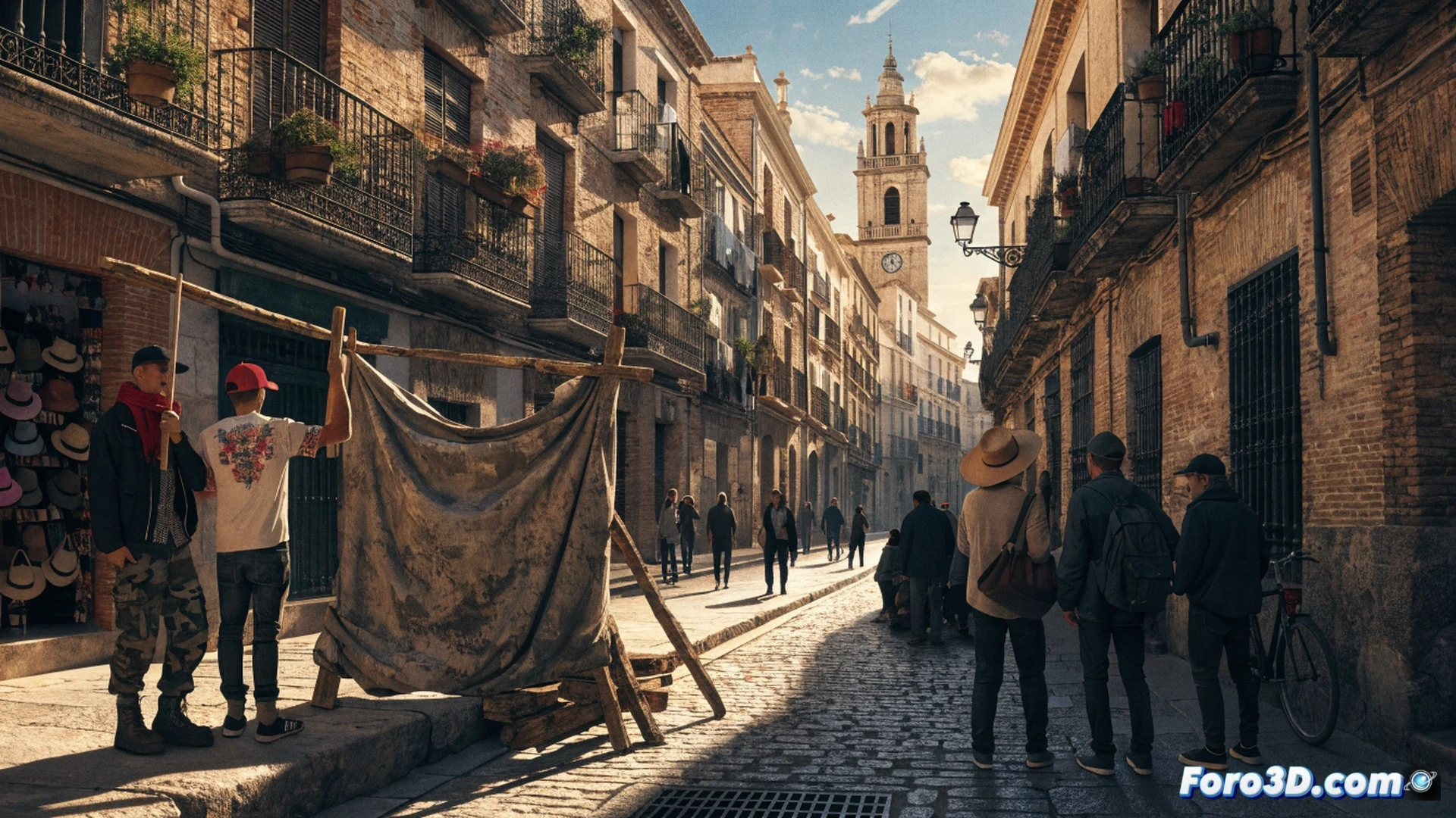 Vecinos de San Julián bloqueando una calle estrecha con pancartas caseras mientras un dron sobrevuela carteles de se alquila en fachadas, mostrando el contraste entre viviendas tradicionales con macetas y puertas de hierro forjado frente a nuevas puertas con cerraduras electrónicas y cámaras de seguridad, durante una asamblea vecinal al atardecer, cinematic photorealistic, luz cálida de ocaso, sombras alargadas, texturas de ladrillo visto y azulejos sevillanos, acción colectiva de resistencia, alta nitidez técnica