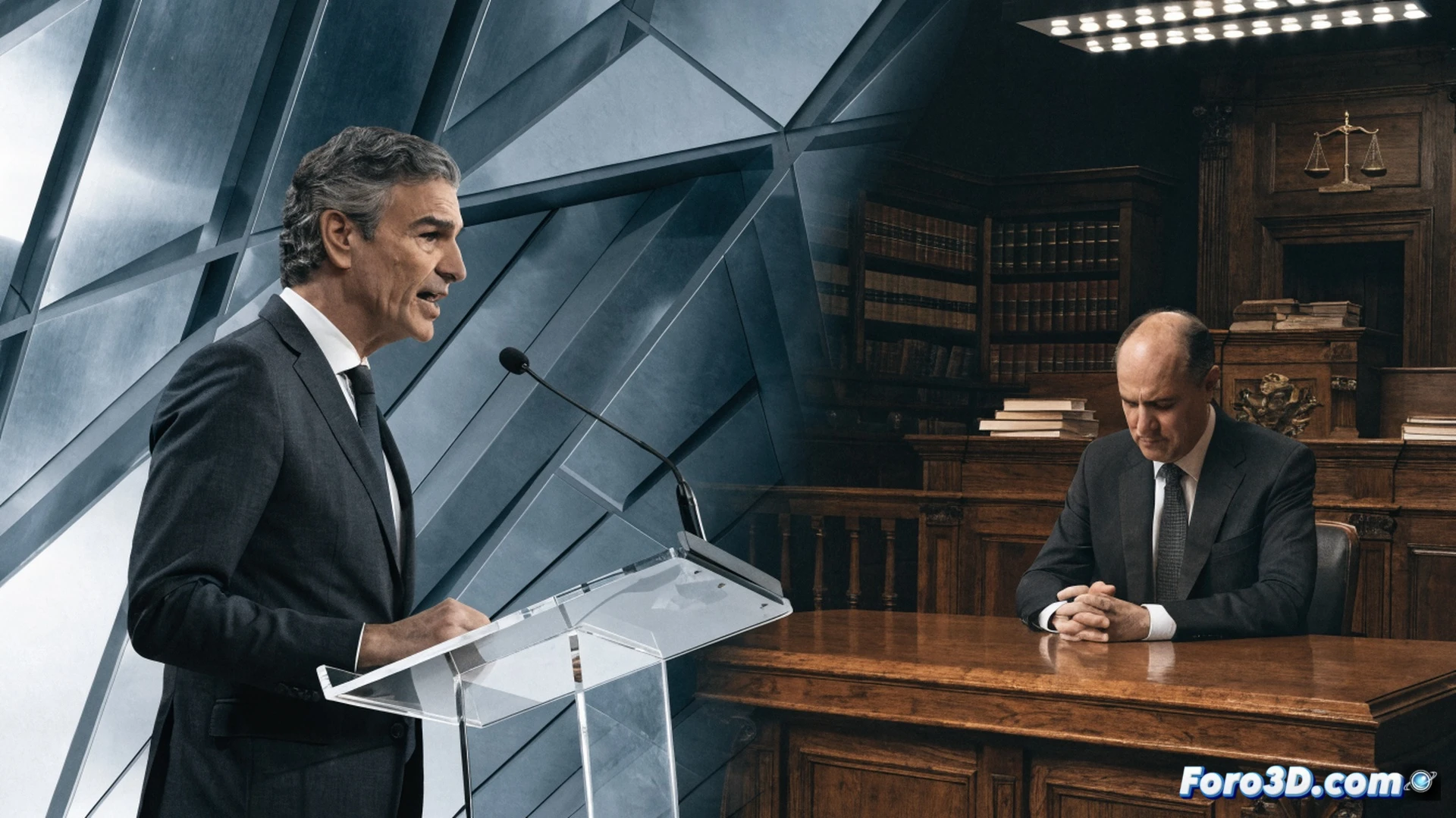photorealistic scene of a government official standing at a podium with a digital presentation screen behind him, screen displaying a large upward-trending bar chart with financial figures and a calendar marking 2027, one side of the screen shows a gavel and a shadowy figure in handcuffs fading into darkness, while the official gestures confidently toward the chart, ignoring the shadow, bright stage lighting contrasts with the dark corner, modern parliamentary interior, polished wood podium, microphone, technical illustration style, cinematic composition