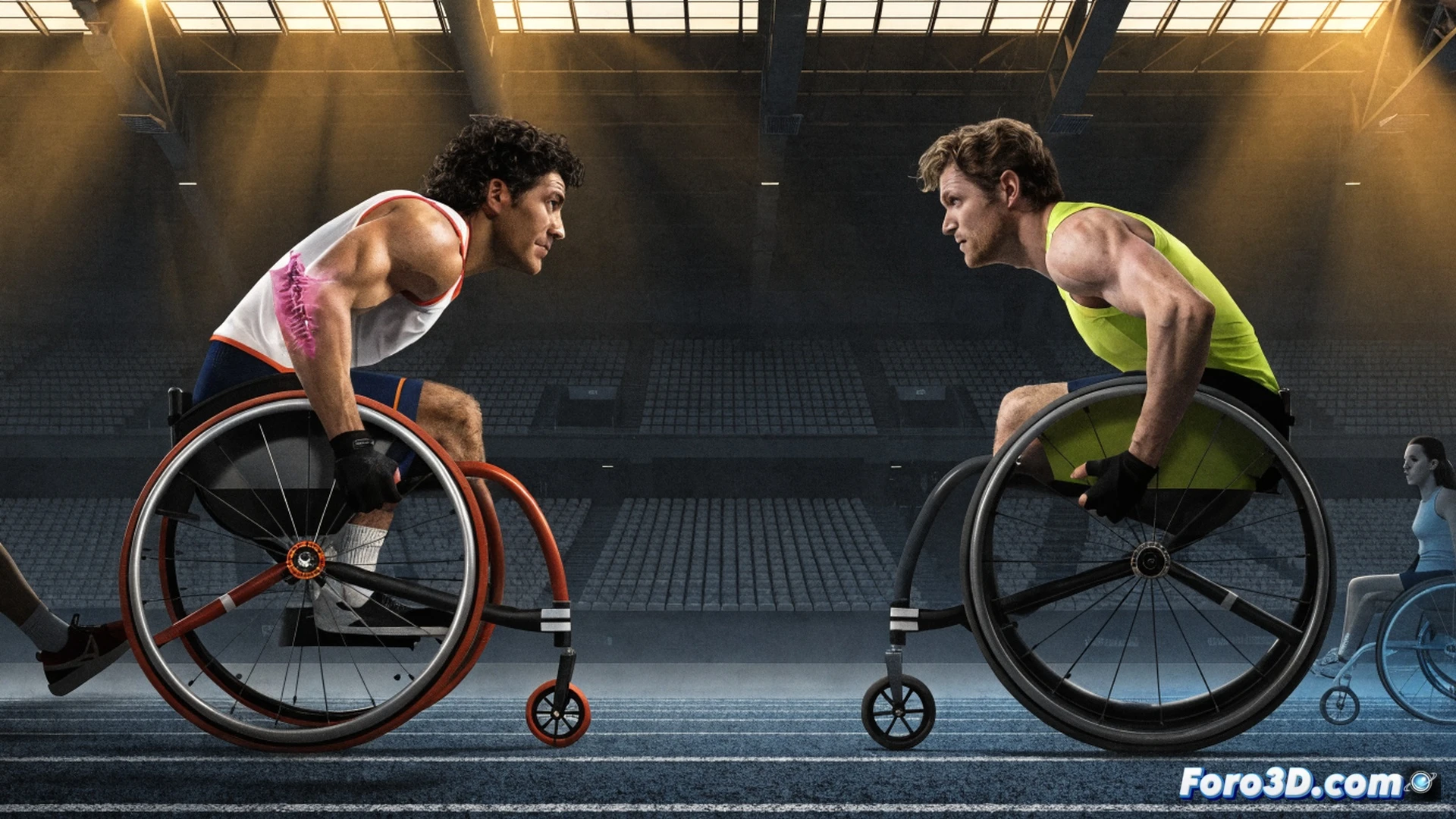 Atleta masculino corriendo en pista de atletismo bajo sol mediterráneo, mostrando esfuerzo extremo durante sprint final, piernas impulsando contra superficie sintética, sudor visible en rostro contraído por dolor, zona lumbar envuelta en vendaje compresivo negro, muletas abandonadas al borde de la pista, fondo con gradas vacías y banderas europeas ondeando, cronómetro digital borroso marcando tiempo récord, estilo fotorealista cinematográfico, iluminación dorada de atardecer, textura granulada de pista, desenfoque de movimiento en brazos, dramatismo deportivo, alta definición técnica