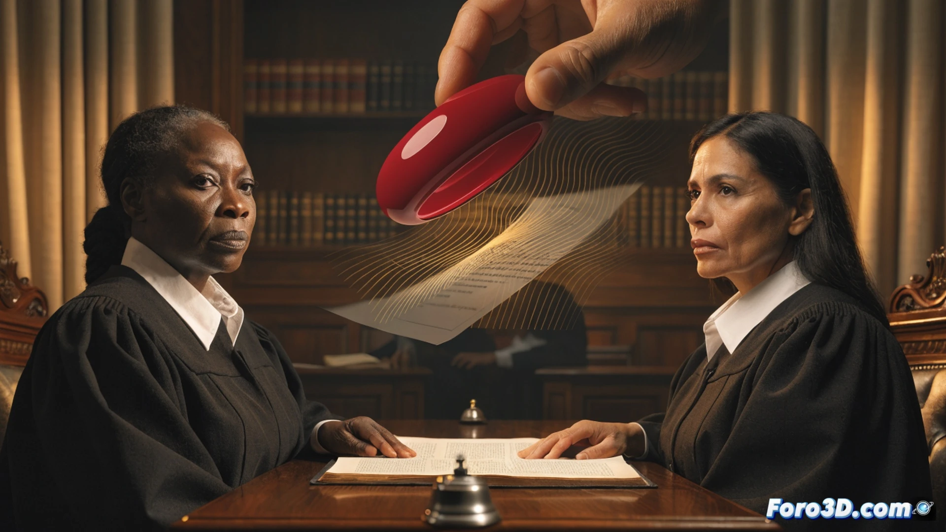 photorealistic technical illustration of a courtroom scene, five judges seated at a bench in identical black robes, a glowing gavel mid-strike, two female judges of African and Latin American descent isolated by a harsh red spotlight while the other three remain in shadow, a male figure resembling Trump placing heavy stone blocks labeled sanctions on their desks, their hands trembling as they reach for legal documents, a cracked digital tablet displaying a frozen work interface, courtroom seal blurred in background, dramatic chiaroscuro lighting, cinematic judicial composition, subtle mechanical gears visible in the bench structure symbolizing broken justice machinery