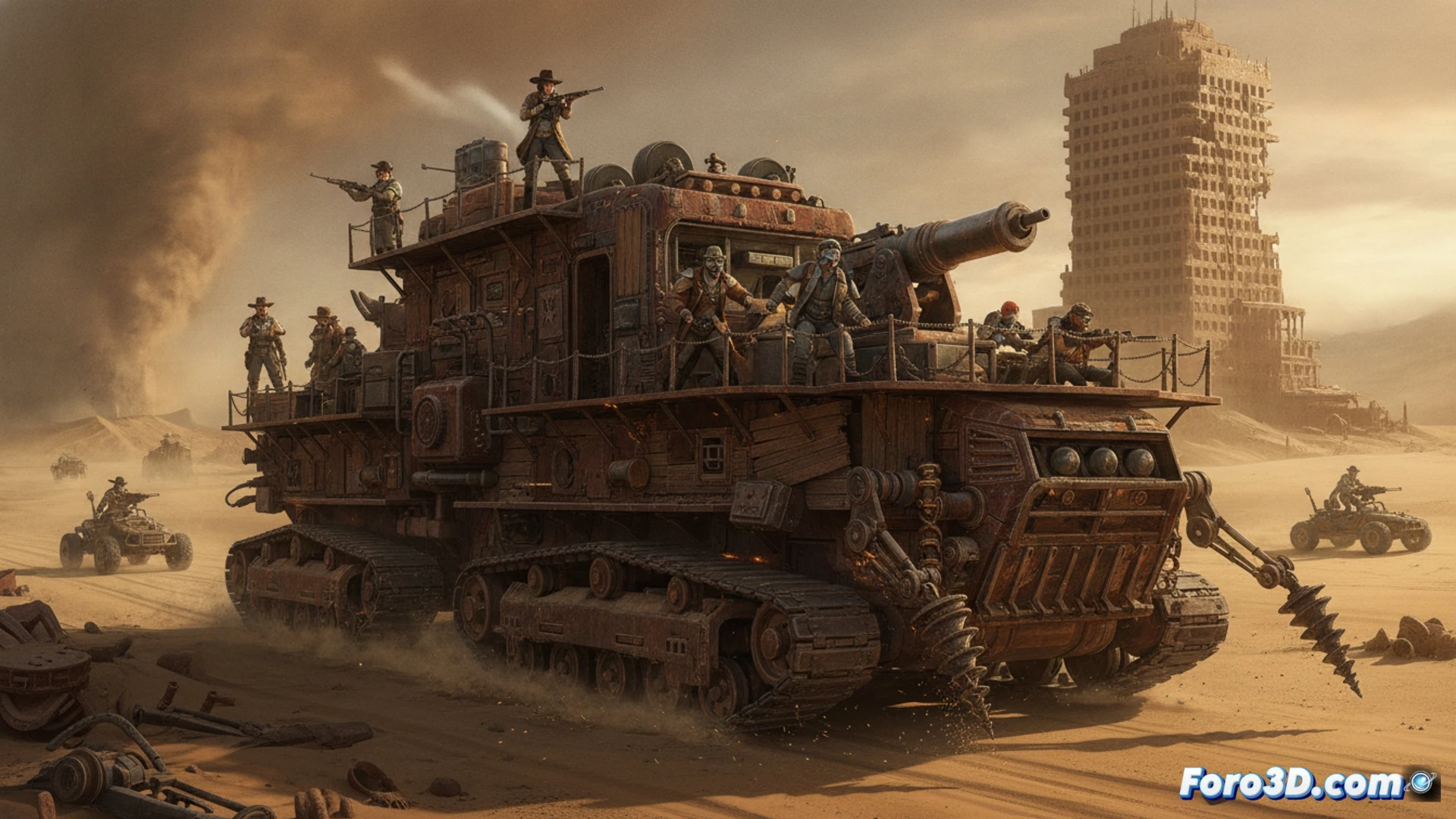 massive mechanical fortress on spider-like legs crossing a vast desert at sunset, gears and pistons moving while steam vents release white clouds, sand particles swirling around metal joints, a player character in goggles aiming a harpoon cannon from an observation deck, damaged enemy vehicles burning in the distance, detailed engine components exposed on the fortress side, glowing exhaust pipes, cinematic photorealistic style, dramatic low-angle shot, dust particles illuminated by golden light, ultra-detailed metal textures, industrial survival atmosphere