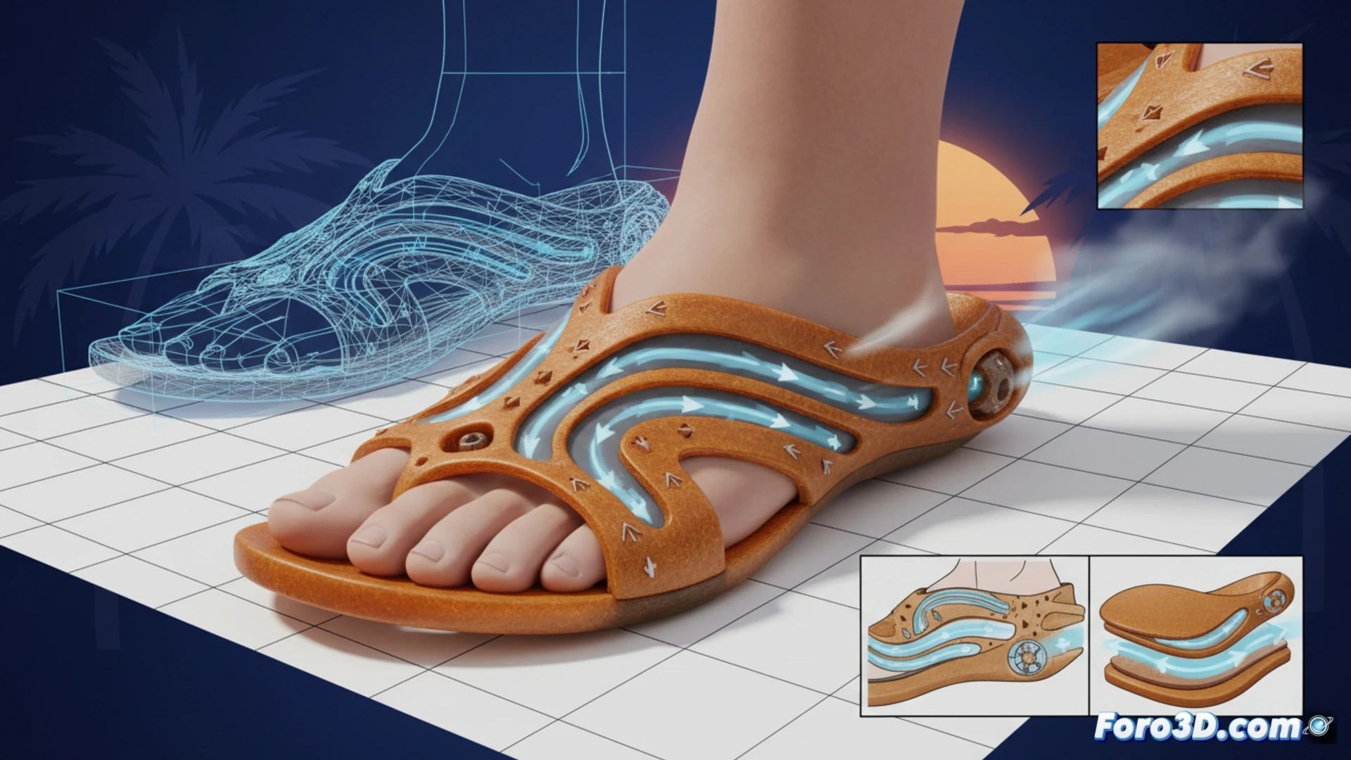 Sandalia descalza con suela ultrafina y patrón Venturi para ventilación activa en verano, diseño 3D paramétrico