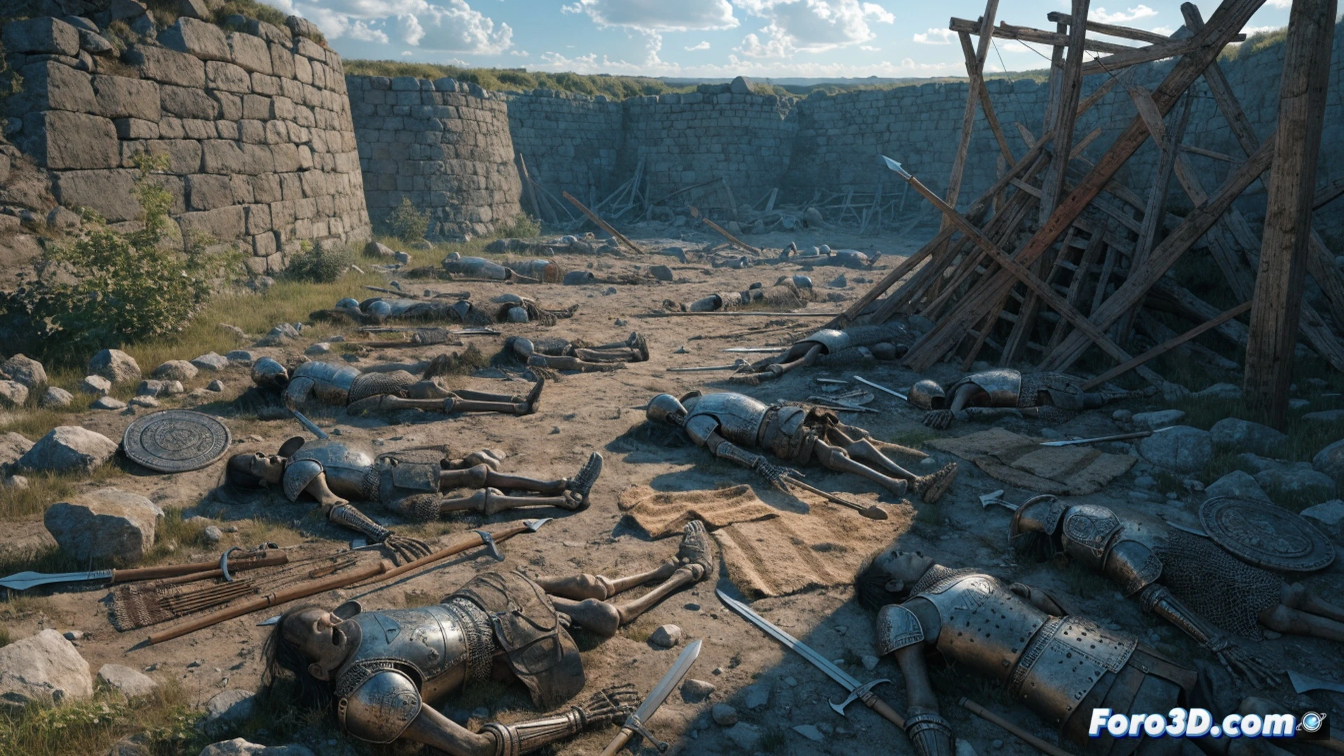 ancient stone fortress interior during iron age massacre, fallen bodies with bronze jewelry and weapons scattered on stone floor, no signs of looting or disturbance, open wooden gates revealing misty coastal landscape, overturned cooking pots and broken tools near hearth, cinematic archaeological visualization, dramatic overcast daylight filtering through roof gaps, moss-covered limestone walls, detailed period-appropriate artifacts, photorealistic historical reconstruction, eerie stillness contrasting violent scene, ultra-realistic textures on stone and metal