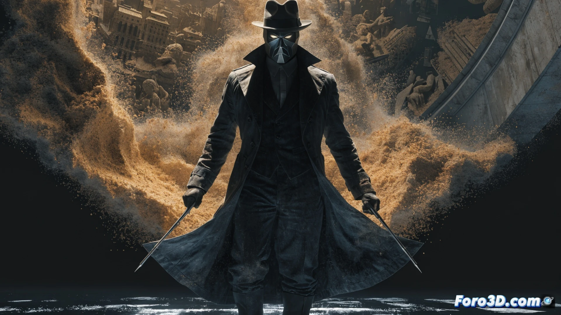 Golden Age superhero Wesley Dodds in green suit and gas mask aiming a gas gun at fleeing criminals in a 1930s alley, vintage detective desk with magnifying glass and blueprints visible, DC comic panel style fading into a modern blank space, cinematic noir lighting with deep shadows, photorealistic technical illustration, dust motes and gas particles suspended in air, worn leather gloves gripping the weapon, cracked brick wall texture, dramatic side lighting, ultra-detailed fabric folds and metal gas mask filters, retro-futuristic crime-fighting gear demonstration