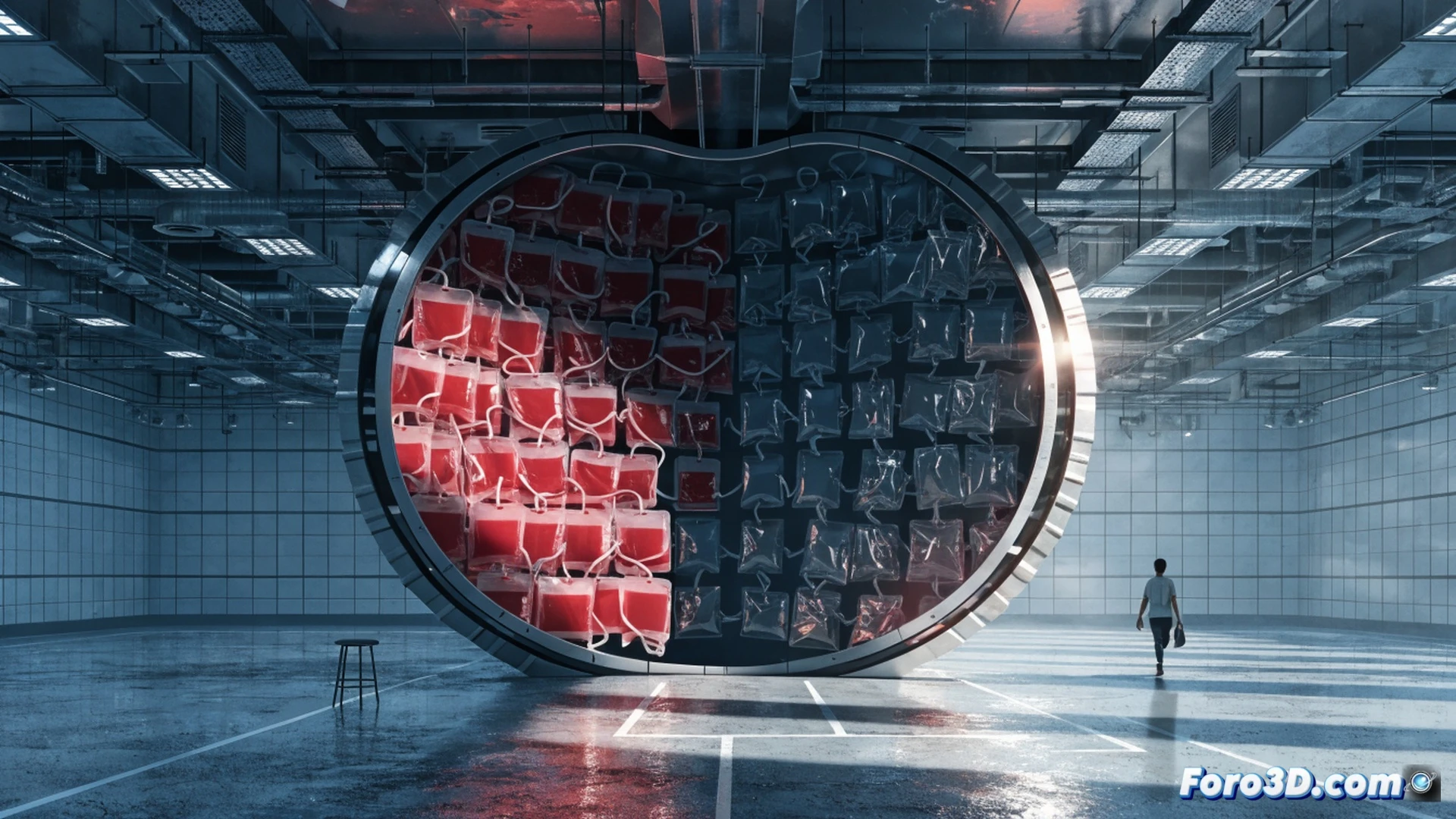 Photorealistic cinematic scene of a hospital blood bank refrigerator half-empty, a single blood bag hanging on a rack while a nurse reaches for it, empty donation beds visible in the background, a digital monitor showing critically low blood stock levels and a calendar icon with summer date highlighted, overhead fluorescent lighting casting cool shadows on sterile white walls, medical equipment like IV stands and centrifuges idle in the background, dramatic contrast between full summer sunlight outside a window and the depleted storage inside, ultra-detailed medical environment, technical illustration style, emphasizing scarcity and urgency, no text or numbers on screen.