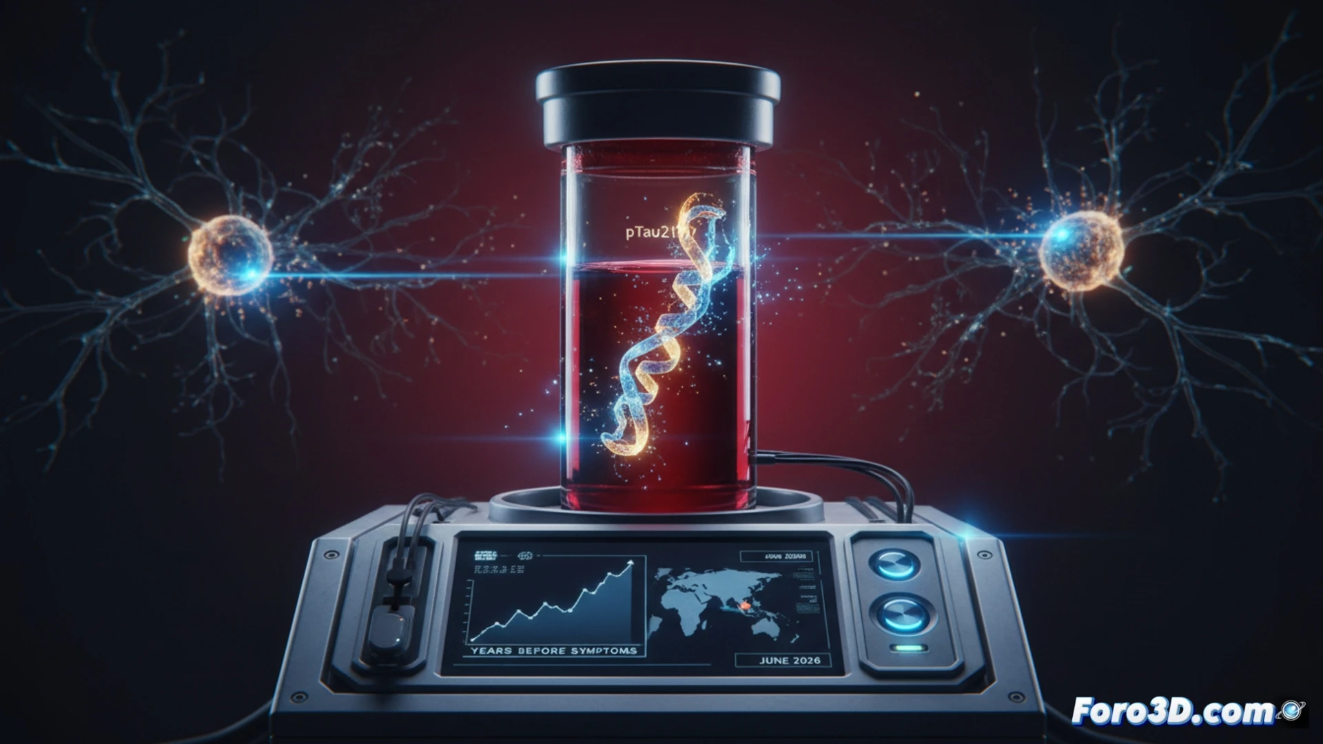 Photorealistic medical illustration, laboratory scene showing a blood sample vial being inserted into an advanced automated analyzer, glowing molecular structure of pTau217 protein floating above the sample, digital screen displaying brain scan with highlighted Alzheimer progression zones, robotic pipette transferring fluid during analysis, blue LED indicators on diagnostic equipment, sleek white clinical environment, soft directional lighting creating dramatic shadows, ultra-detailed medical instruments, futuristic biotech aesthetic, precise technical visualization of biomarker detection process