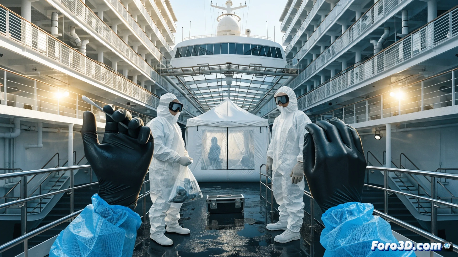 Empty cruise ship MV Hondius docked at sunrise, crew in protective suits collecting final PCR test swabs at a sterile port terminal, two discharged patients walking away from a hospital entrance in background, clipboard with negative test results on a metal table, technical illustration style, clean white sanitary environment, blue medical gloves and mask on a technician, sunlight reflecting off ship hull, zero passengers visible, calm harbor water, photorealistic medical documentation render, clear action of closure and safety, no text or numbers in image, soft clinical lighting, high detail on safety equipment and ship structure