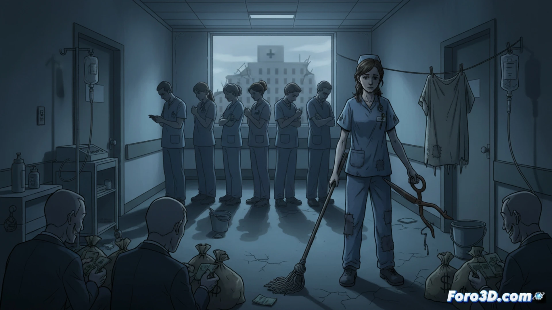 hospital corridor scene, exhausted nurse in blue scrubs pulling a broken patient monitor on wheels, frayed cables trailing behind, doctor checking an empty supply cabinet while holding a cracked stethoscope, manager in suit standing in background laughing while holding a clipboard labeled with budget cuts, harsh fluorescent lighting casting long shadows, peeling paint on walls, overflowing trash bin with used gloves, cinematic photorealistic style, dramatic contrast, gritty texture, sterile environment decaying, wide-angle lens emphasizing isolation, motion blur on nurse walking, technical medical equipment deterioration visible