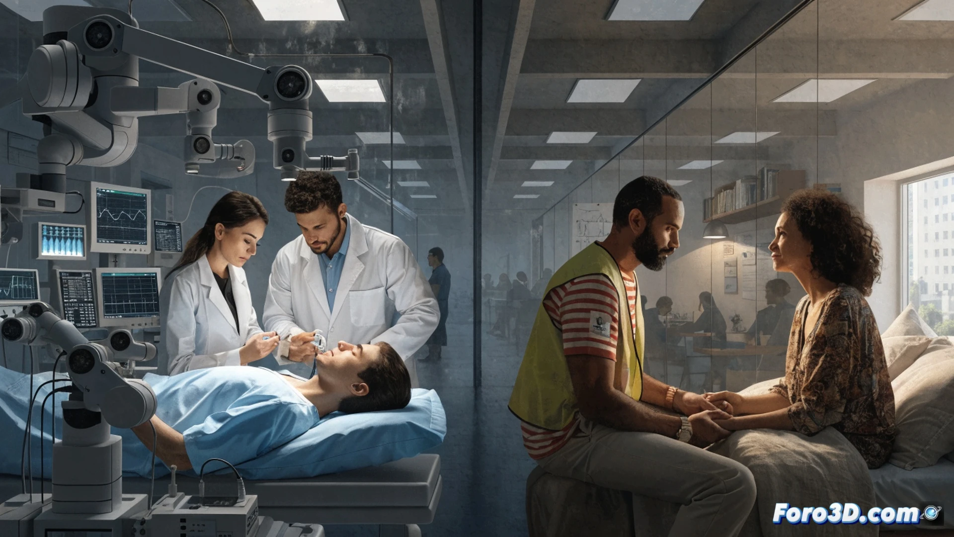 Hospital room scene, a nurse in uniform holds a clipboard while turning away from a patient in a bed, a volunteer from a private foundation sits beside the patient holding their hand, offering emotional support, a laptop on a nearby table shows a budget spreadsheet with red declining bars, empty prescription bottles and a nutrition chart on the bedside tray, cold fluorescent lighting, sterile white walls, cinematic photorealistic style, high contrast shadows, medical equipment in background, technical illustration of systemic neglect