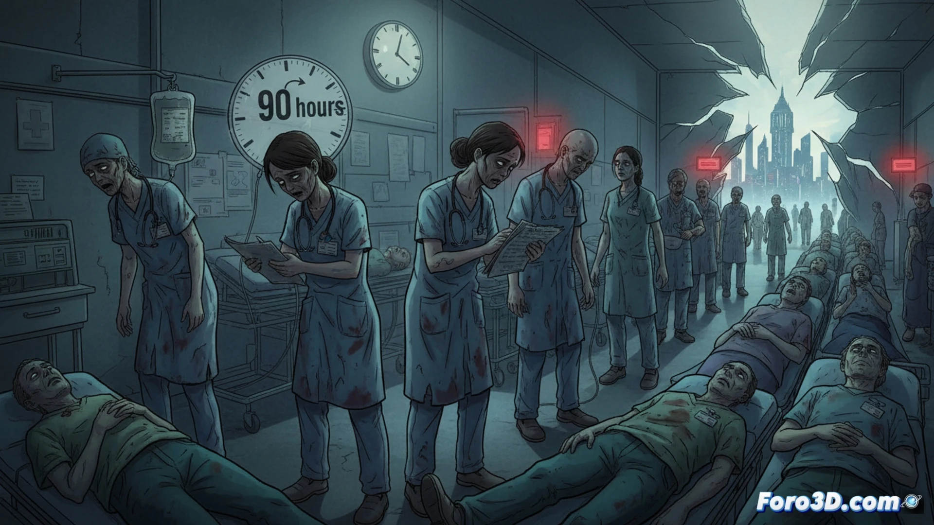 Emergency room chaos scene, exhausted doctor in bloodstained scrubs slumped against a wall, digital clock showing 90-hour shift timer, overflowing patient gurneys in hallway, broken medical monitor with flatline screen, discarded coffee cups and energy drink cans scattered, cracked hospital clock with missing hands, cinematic photorealistic style, cold fluorescent lighting, deep shadows under eyes, sweat on forehead, frayed stethoscope hanging loose, empty medicine cart tipped over, dust particles in harsh light, clinical despair atmosphere, ultra-detailed medical environment