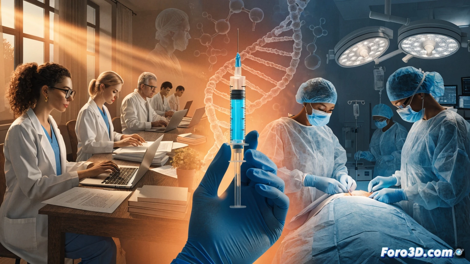 hospital corridor scene, doctors and nurses walking through a paperless administrative gateway, digital documents dissolving into transparent holographic screens, medical professionals advancing through a glowing portal representing career progression, stethoscopes and lab coats visible, hospital equipment in background like patient monitors and IV stands, warm lighting from overhead fixtures, photorealistic technical illustration, clean modern interior, action of professionals stepping forward without physical paperwork, streamlined workflow visualization, cinematic composition with depth of field, professional healthcare atmosphere