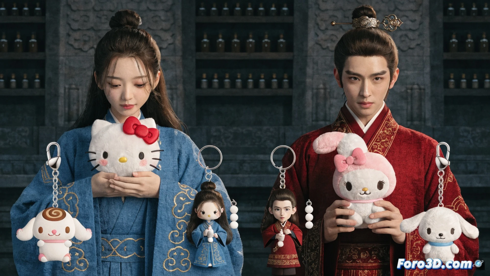 Sanrio characters and Apothecary Diaries anime figures being assembled on a clean white display shelf, Maomao holding a tiny Hello Kitty plush while Jinshi adjusts a miniature bow on a My Melody accessory, hands of a collector carefully placing a keychain onto a metal hook, soft studio lighting creating gentle shadows, pastel pink and muted teal color palette, ultra-detailed plastic textures, shiny metallic keychain rings catching light, photorealistic product photography style, cinematic depth of field, crisp focus on the interaction between characters and mascots, clean minimalist background
