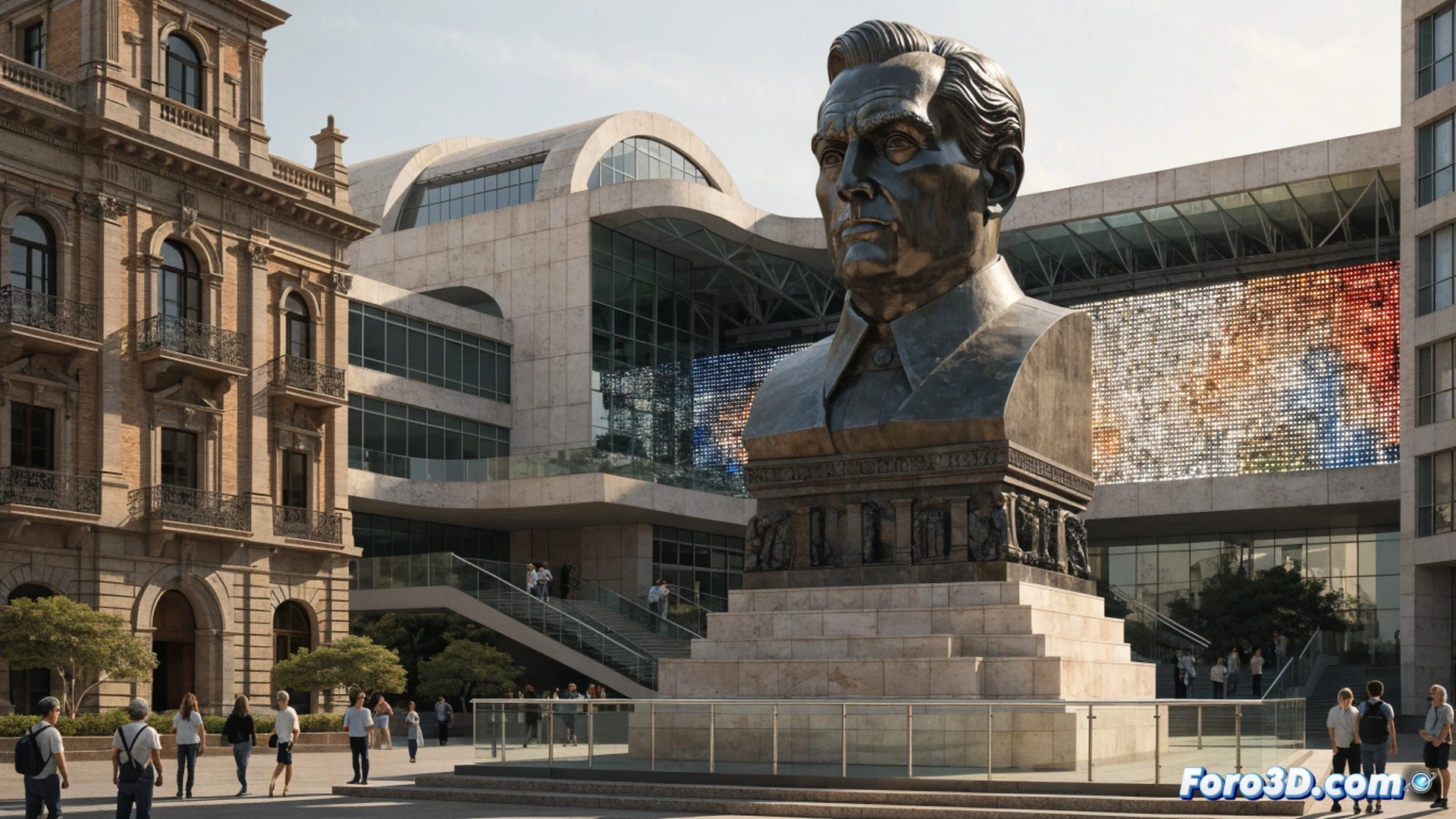 plaza pública de Santa Cruz de Tenerife, monumento ecuestre de Franco siendo rodeado por andamios metálicos, trabajadores municipales instalando paneles informativos y vallas reflectantes alrededor de la base, un técnico señalando un plano digital en una tableta mientras otro ajusta una pantalla LED que muestra documentos históricos, estilo cinematográfico fotorrealista, iluminación de atardecer canario, sombras largas sobre adoquines, grúa de construcción con cable de acero tenso, cámara lenta captando el momento de transición, textura de bronce oxidado contrastando con acero brillante moderno
