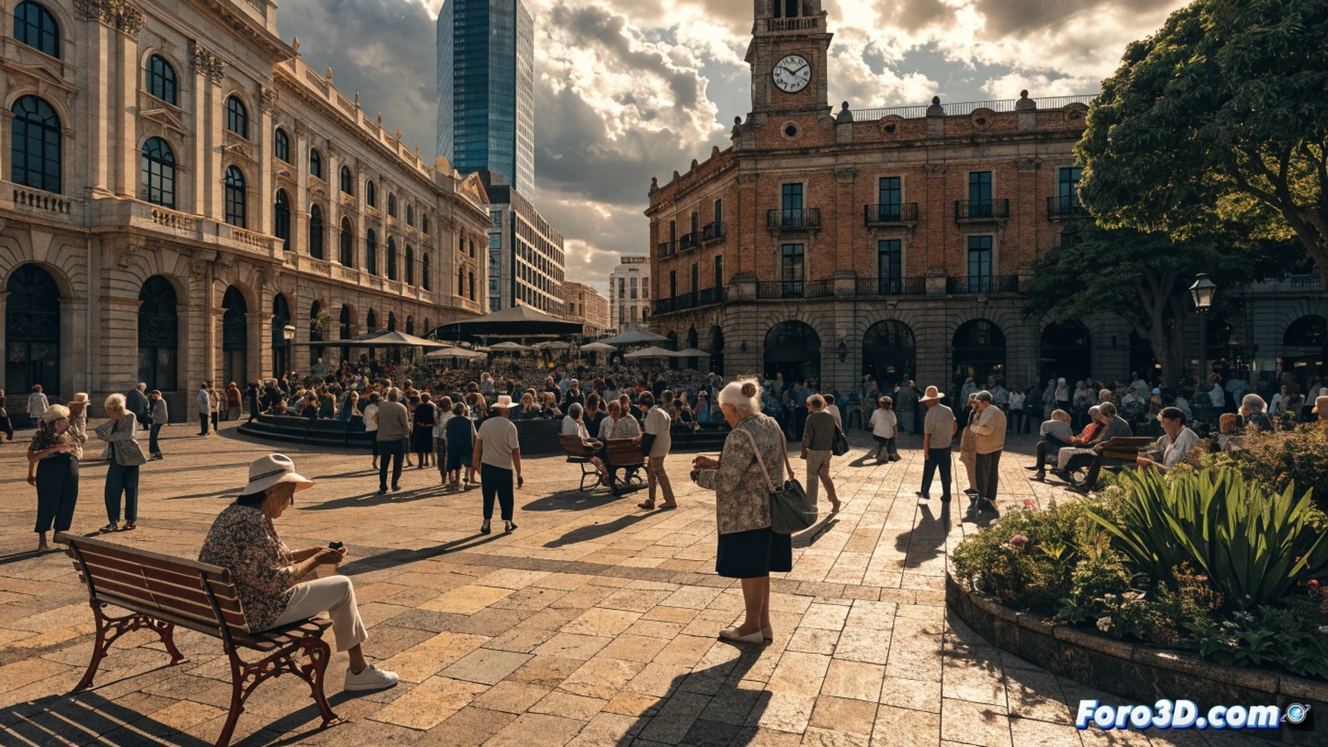 photorealistic scene of a large sunny plaza in Santa Cruz de Tenerife, hundreds of seniors actively participating in a group dance workshop, raised hands clapping while others use tablets and smartphones to follow a digital exercise routine on a large outdoor screen, mobility aids like walking sticks and foldable chairs nearby, bright urban setting with palm trees and municipal buildings in background, warm golden hour lighting, joyful expressions, technical illustration style with clear focus on intergenerational technology use, demonstrating active aging and community integration, ultra-detailed textures on clothing and pavement, cinematic wide-angle shot