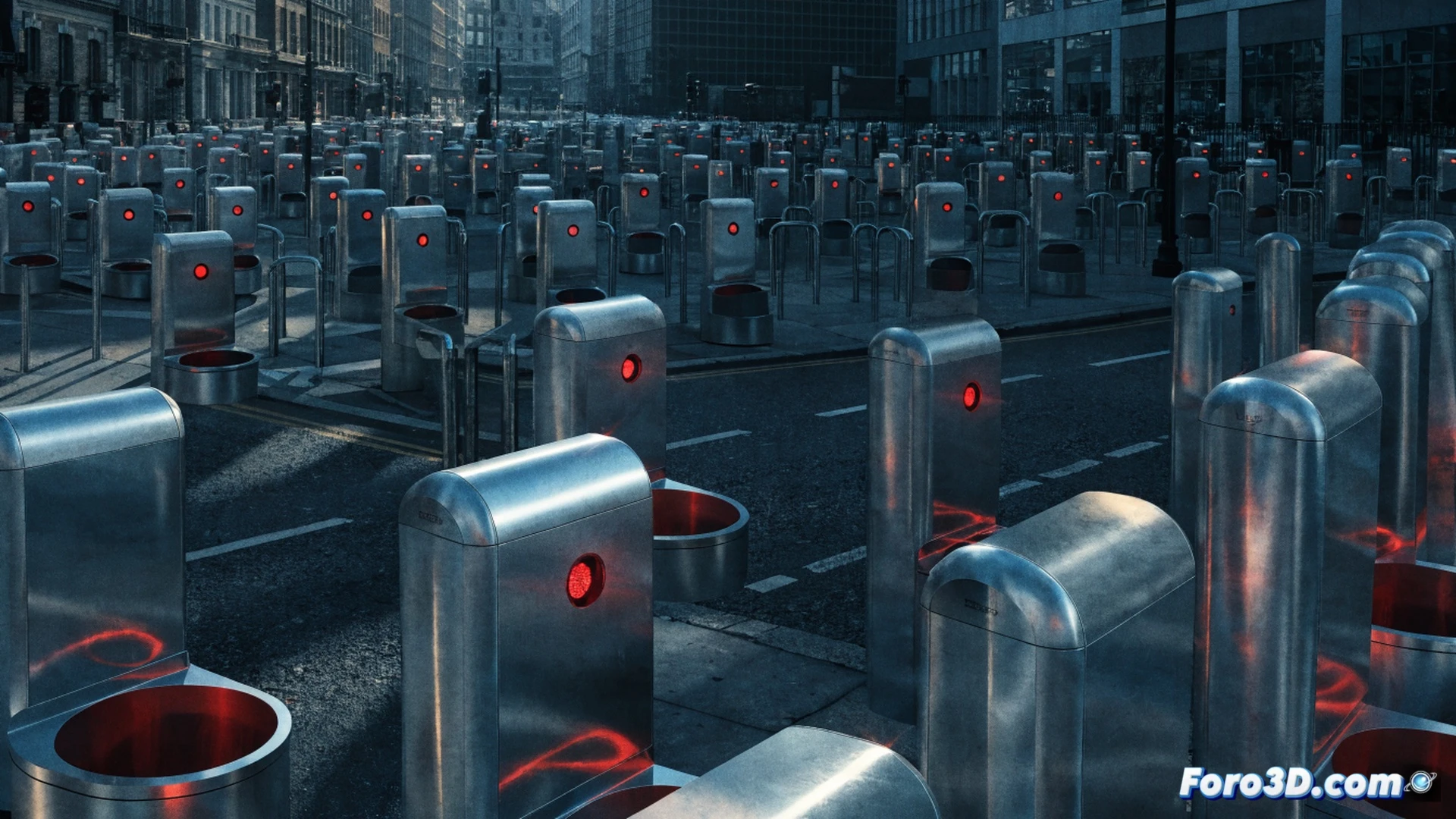London Santander Cycles docking station failure scene, commuter attempting to unlock a bike with red error light flashing on terminal screen, nearby engineer holding a tablet showing network connectivity diagnostic map with offline markers, disconnected cables hanging from control panel, empty bike docks with warning tape wrapped around them, urban street background with red double-decker bus passing, overcast daylight, cinematic technical illustration style, photorealistic render, detailed electronic components and wiring visible, frustration gesture from user, maintenance tools on ground