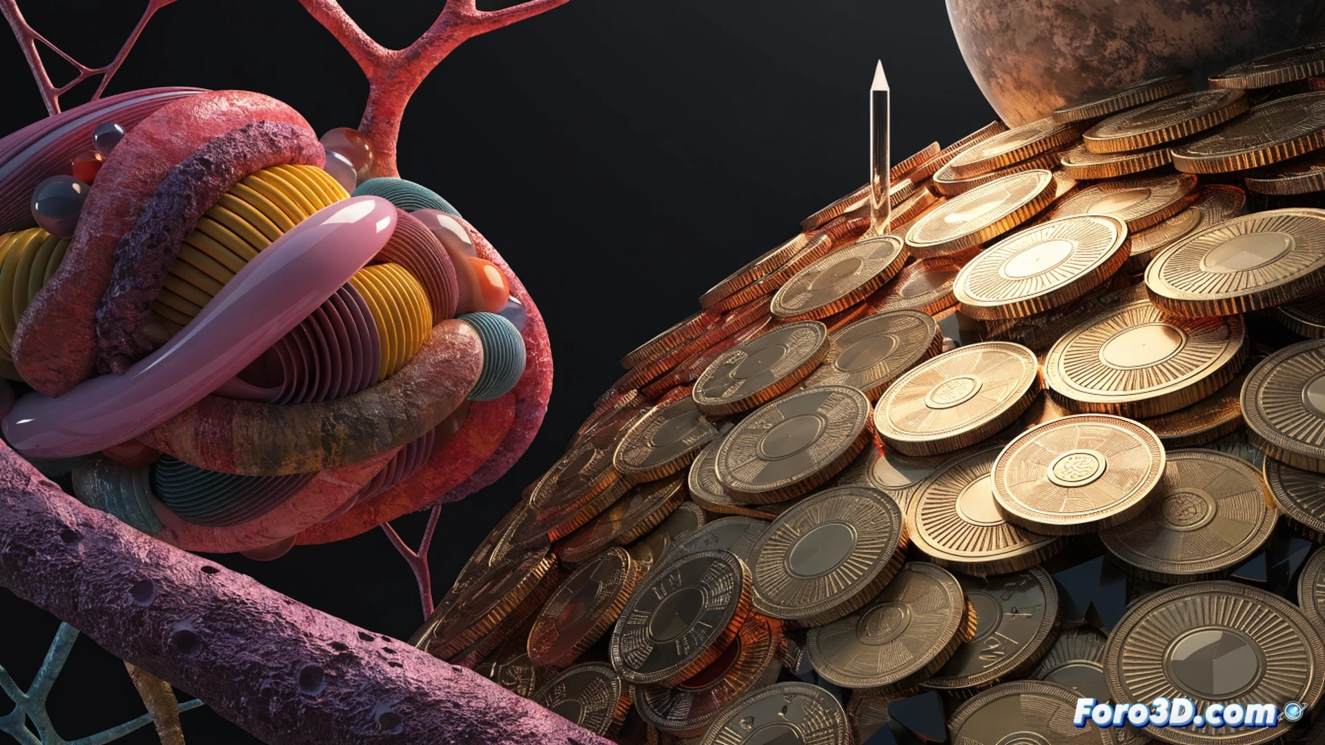 Cinematic scene of a massive bank vault door slightly open, a tiny glowing microchip labeled with a faint research symbol falls from a giant overflowing pile of gold coins, while a towering stack of bonus checks casts a shadow over the chip, computer servers and lab equipment in the background are dark and unused, photorealistic technical illustration, dramatic chiaroscuro lighting, extreme depth of field, cold metallic textures, dust particles floating in light beams, ultra-detailed rendering