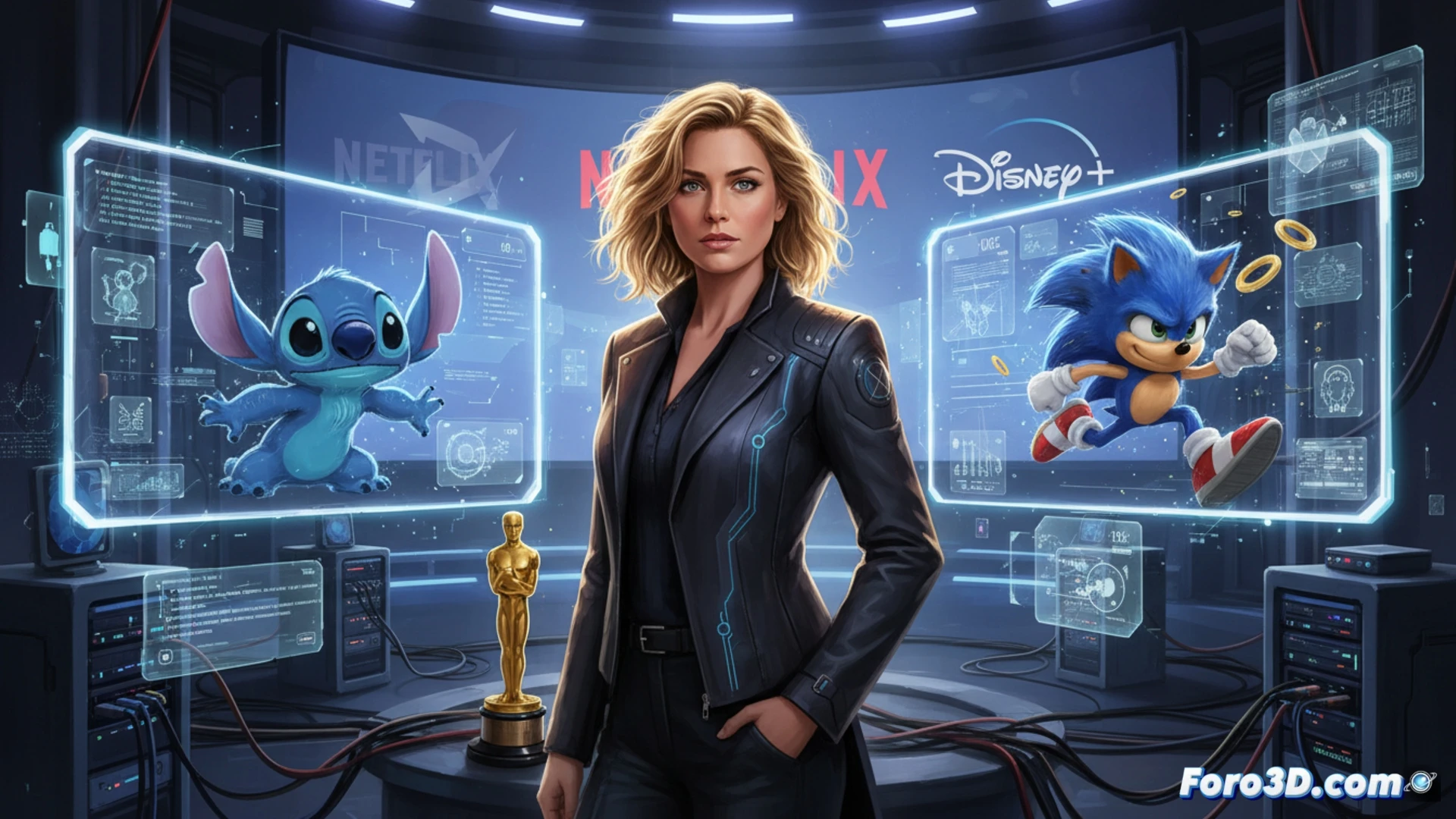 sara bennett standing in front of a massive curved monitor array inside untold studios, demonstrating a live digital creature simulation for lilo and stitch, one hand gesturing at a glowing holographic interface showing stitch fur physics and muscle rigging, while a second screen displays sonic 3 speed trail rendering, motion capture markers floating in mid-air, cinematic photorealistic technical illustration, warm studio lighting with cool blue screen glow, ultra-detailed workstation with stylus and tablet, visible ai processing nodes on screens, dramatic depth of field