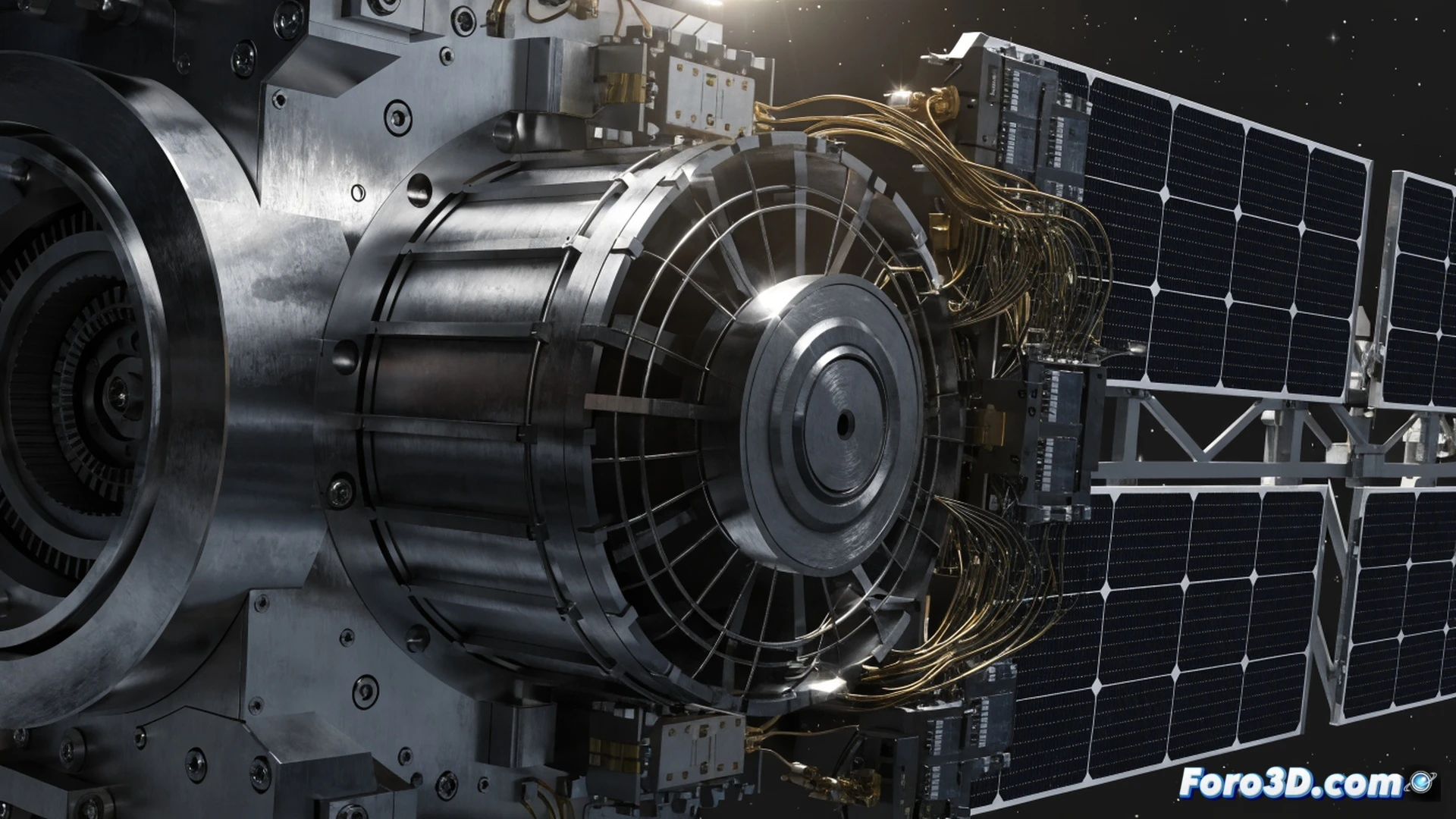 engineering visualization of a satellite floating in orbit with a cutaway view revealing a stuck micromech reaction wheel, engineers analyzing the failure on multiple monitors showing Creo Simulate and Maya wireframes, robotic repair arm approaching the satellite, glowing red fault indicator on the wheel assembly, debris particles frozen in zero gravity near the jammed bearing, cinematic lighting with Earth in background, ultra-detailed metallic surfaces and solar panels, photorealistic technical illustration