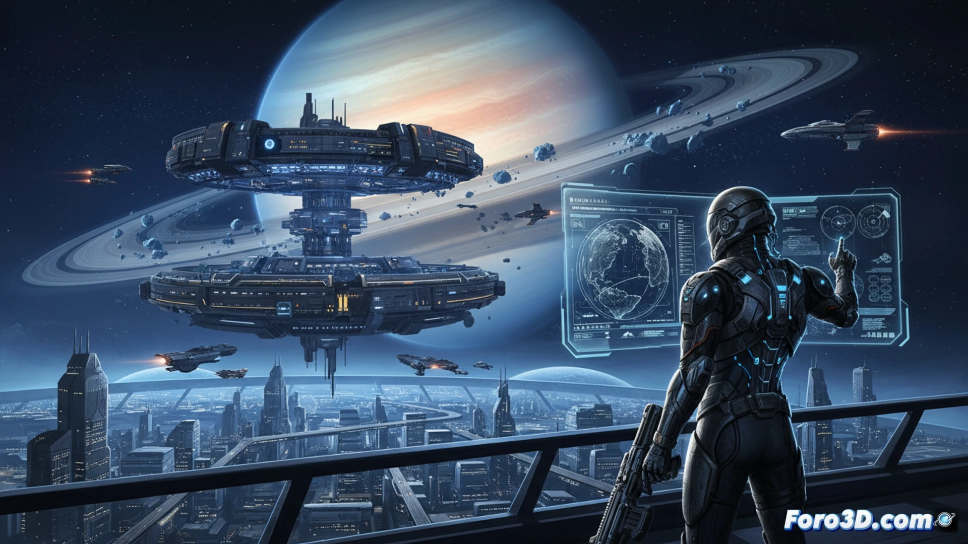 Descripción detallada (80-120 caracteres):  
Un operador con neurointerfaz brillante observa una Tierra devastada bajo un cielo tormentoso, mientras Saturno y sus anillos titilan al fondo, reflejando un futuro táctico y misterioso.