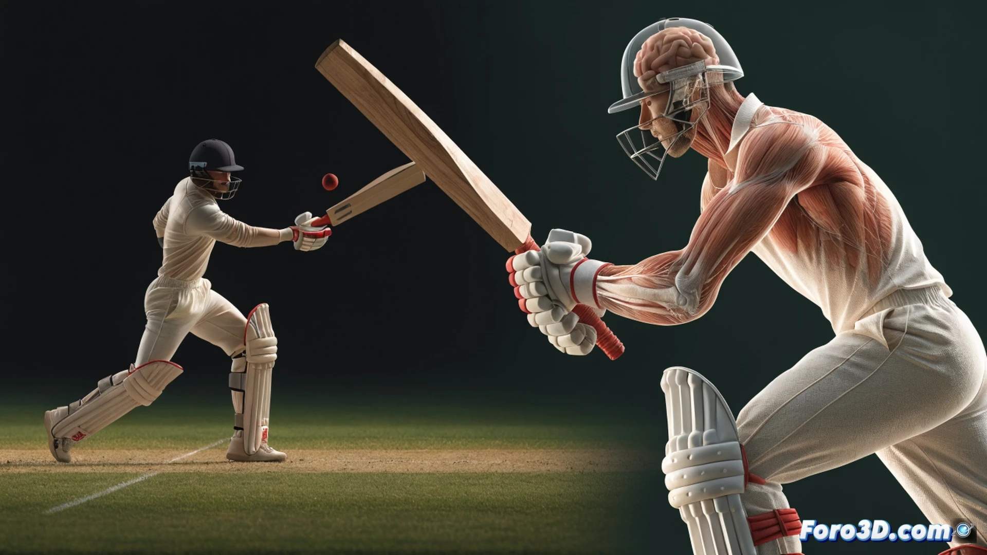 3D motion-capture visualization of cricketer Saud Shakeel executing a forward defensive shot against spin bowling, right foot angled toward pitch, bat face opening late to create unexpected angle, red cricket ball spinning off surface with visible seam rotation, green grass field, stumps in background, wireframe skeleton overlay showing joint articulation and footwork trajectory, glowing yellow lines tracing bat path from stance to impact, biomechanical data points floating near hips and shoulders, dark studio backdrop with soft key light highlighting muscle tension in forearms, technical engineering aesthetic, photorealistic render with holographic grid floor