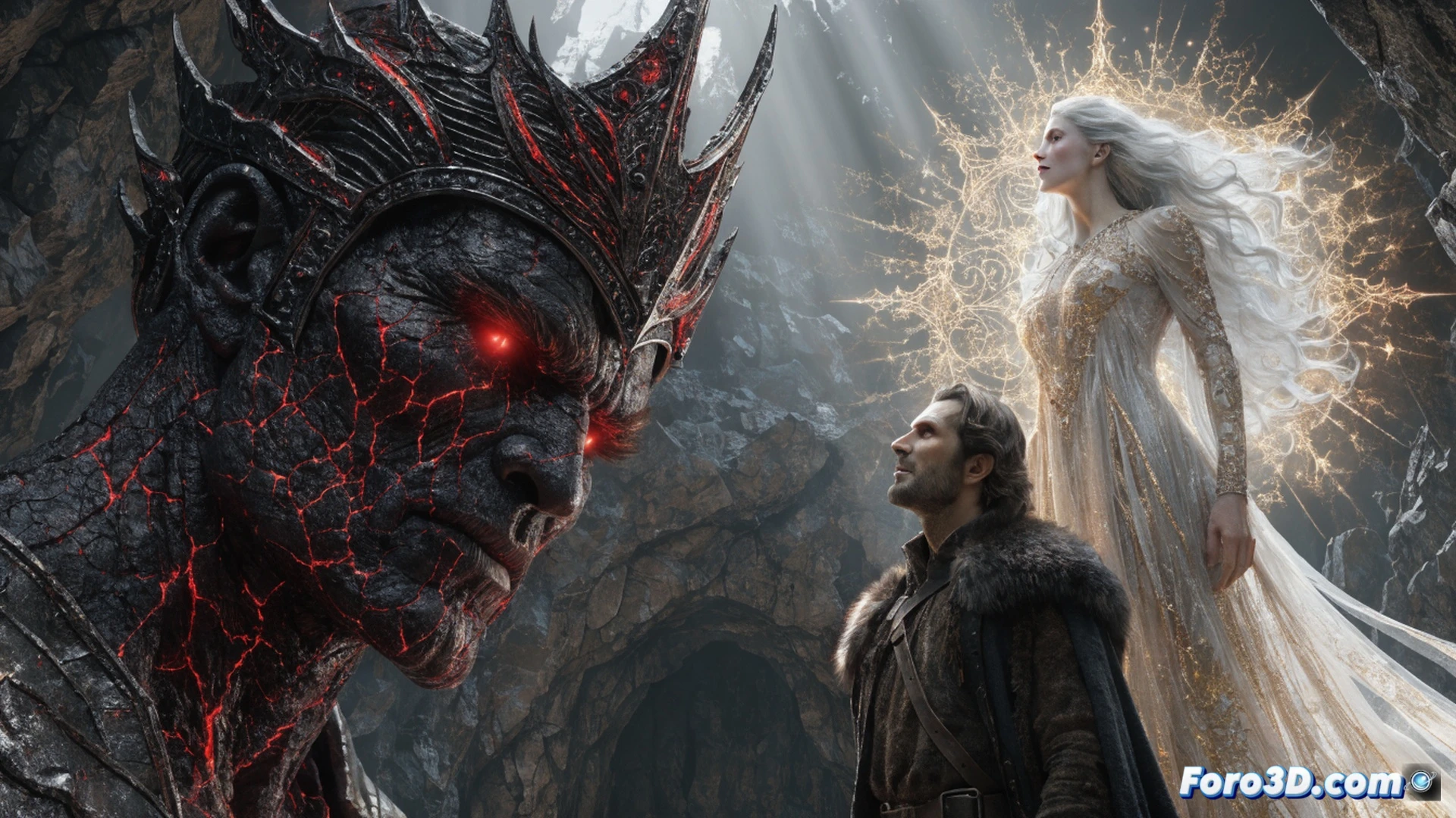 Epic confrontation scene in Middle Earth: Galadriel holding Nenya glowing with blue light, standing before the Dark Lord Sauron in his armored form, while Aragorn grips Anduril sword raised, Narsil reforged flame reflecting, both figures casting shadows over the One Ring floating above a cracked stone pedestal, Sauron recoiling with clawed hand shielding his eye, showing vulnerability, swirling dark smoke and golden energy particles, dramatic low-angle shot, cinematic photorealistic fantasy visualization, hyperdetailed elven armor textures, glowing runes, epic lighting from ring and sword, volumetric fog, ultra-detailed facial expressions of defiance and fear