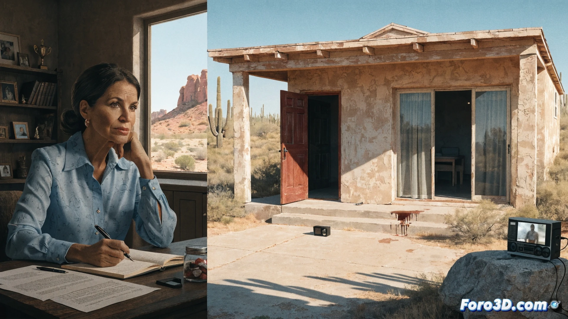 Arizona desert house at dusk, forensic team in protective suits collecting evidence near a bloodstained floor inside, a laptop screen showing a surveillance video of a stranger entering, handwritten ransom notes scattered on a wooden table, missing person flyer with Savannah Guthrie holding it while speaking to a detective, vulnerability of elderly isolation, cinematic photorealistic style, dramatic shadows from ceiling lamps, police tape blocking the doorway, emotional tension visible through body language, ultra-detailed textures on walls and furniture, realistic amber lighting
