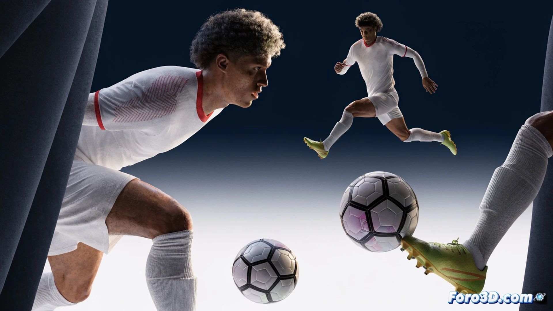 young brazilian footballer savinho in motion during a dribbling sequence, low center of gravity shown by tilted torso and bent knees, ball glued to his left foot while cutting past a defender, 3D technical overlay with glowing arrows tracking hip rotation and footwork, wireframe skeleton highlighting balance and torque, football pitch background with blurred stadium lights, cinematic engineering visualization, photorealistic skin texture and kit fabric, dynamic pose with leg muscles tensed, green and yellow color accents on data lines, dramatic side lighting, ultra-detailed anatomy and boot studs, motion blur on trailing leg
