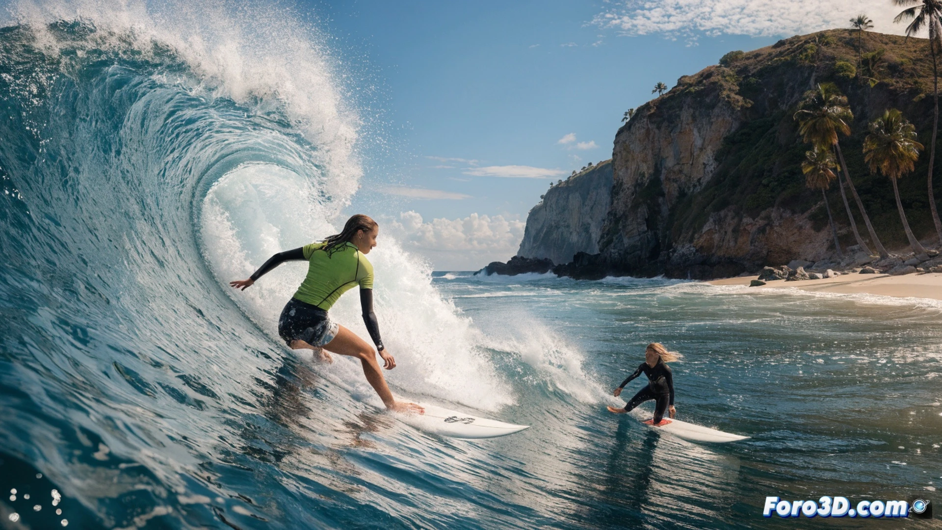 Sawyer Lindblad remando con potencia bajo un cielo nublado brasileño, tabla de surf aerodinámica cortando una ola verde esmeralda, spray de agua salada elevándose en arco mientras realiza un giro radical en la pared de la ola, cámara lenta capturando gotas individuales y tensión muscular en sus brazos, fondo con arena dorada y palmeras borrosas, estilo cinematográfico fotorrealista, iluminación dramática de atardecer tropical, textura detallada de espuma marina y fibra de vidrio, composición dinámica en ángulo bajo, alta definición técnica
