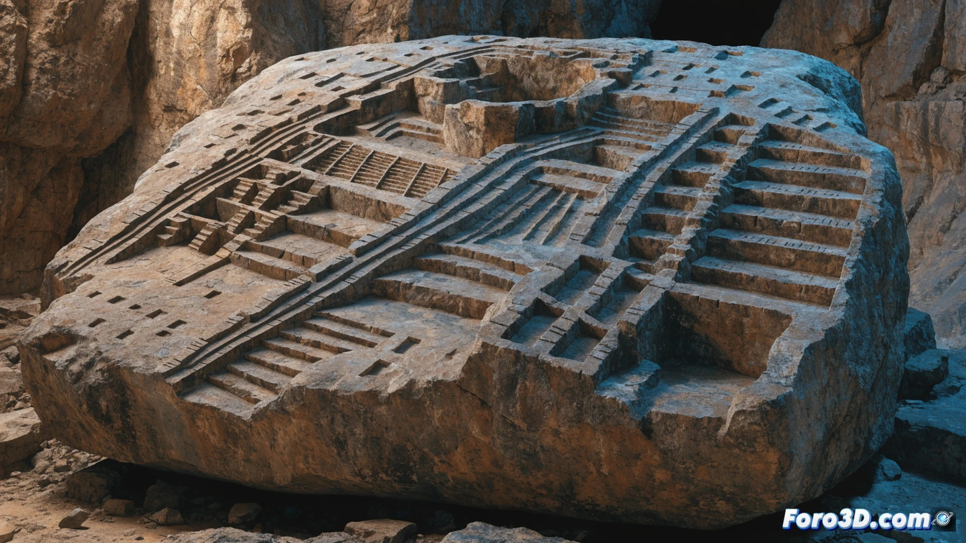Monolito de granito de 4 metros tallado con más de 200 figuras hidráulicas, canales serpenteantes y pozos concéntricos conectando terrazas escalonadas, un arqueólogo inclinado sobre la roca señalando un canal con un puntero láser mientras una tableta digital muestra un modelo 3D del sistema, luz de atardecer dorada iluminando texturas de granito, fondo de valle andino con niebla, estilo fotorealista cinematográfico, detalle extremo de tallas, sombras dramáticas, profundidad de campo, render técnico de ingeniería