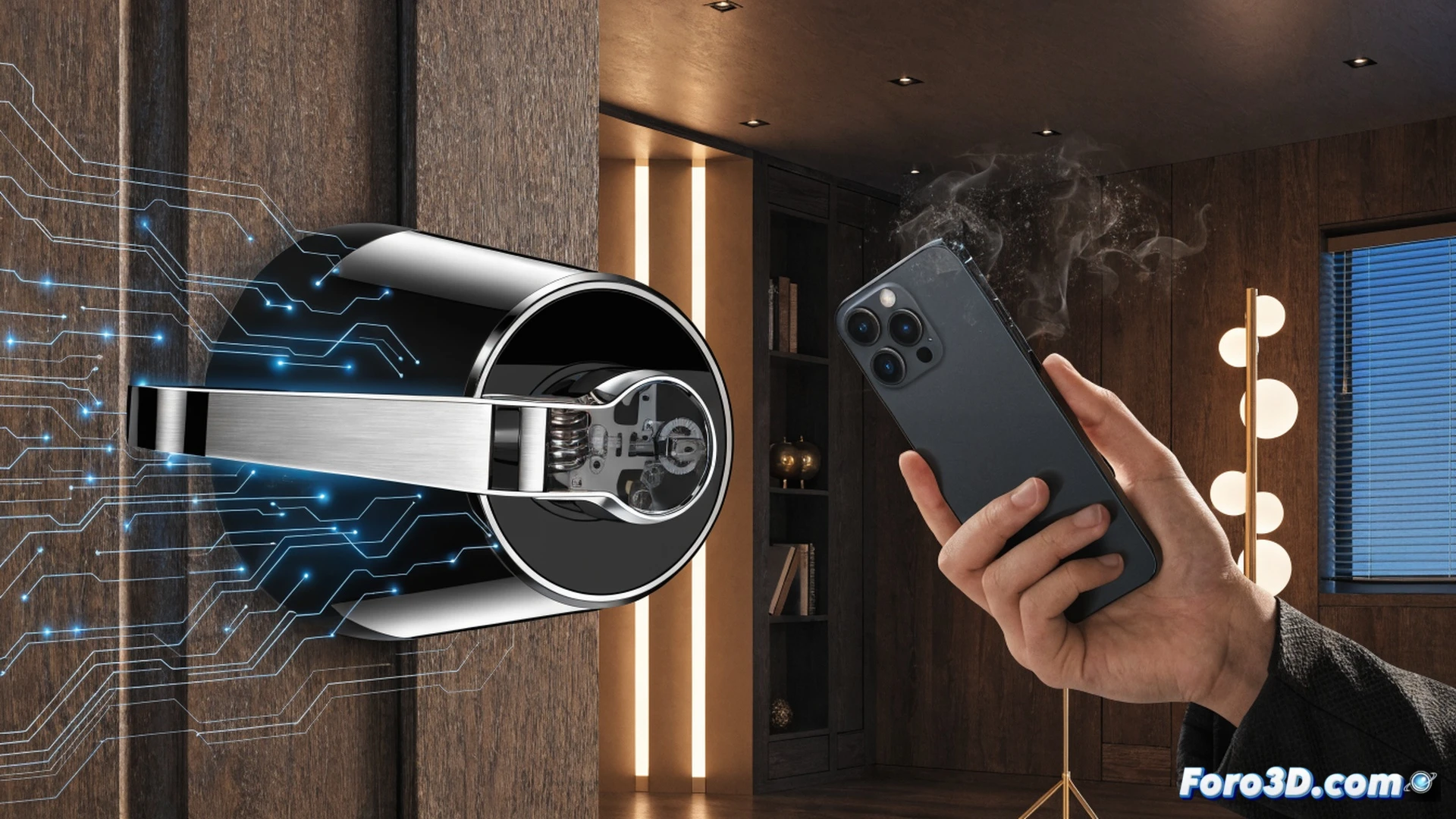 Residential front door with Schlage Sense Pro smart lock installed, person approaching while raising iPhone and Apple Watch toward lock, invisible UWB signal cone visualized as translucent blue light beam connecting watch to lock, NFC tap zone glowing faintly on lock surface, Thread network symbol floating above lock as small interconnected dots, keys left behind on outdoor table as discarded object, cinematic photorealistic technical illustration, warm evening ambient lighting with cool blue technological accents, ultra-detailed brushed metal lock finish, realistic shadow play from approaching person, motion blur on wrist movement, crisp focus on lock and hand proximity, no text or numbers visible