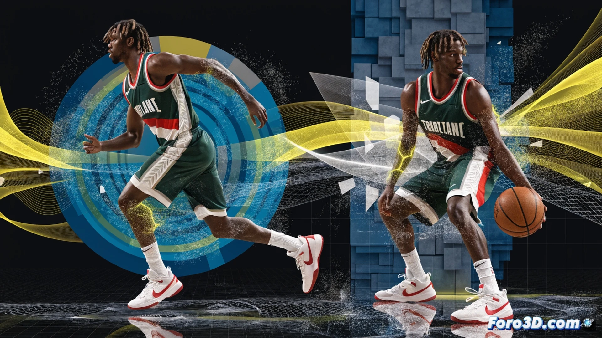 NBA point guard Scoot Henderson exploding off the dribble during a fast break, left leg driving forward with quadriceps and calf muscles visibly tensed, basketball pressed low in right hand, left arm extended for balance, defender caught flat-footed in background, motion blur on sneakers and court floor, red and black Portland Trail Blazers jersey, arena lights casting sharp shadows on hardwood, wireframe skeleton overlay highlighting hip and knee joint angles, glowing blue biomechanical lines tracing acceleration vector from toe to shoulder, photorealistic sports science render with technical overlay, cinematic low-angle shot