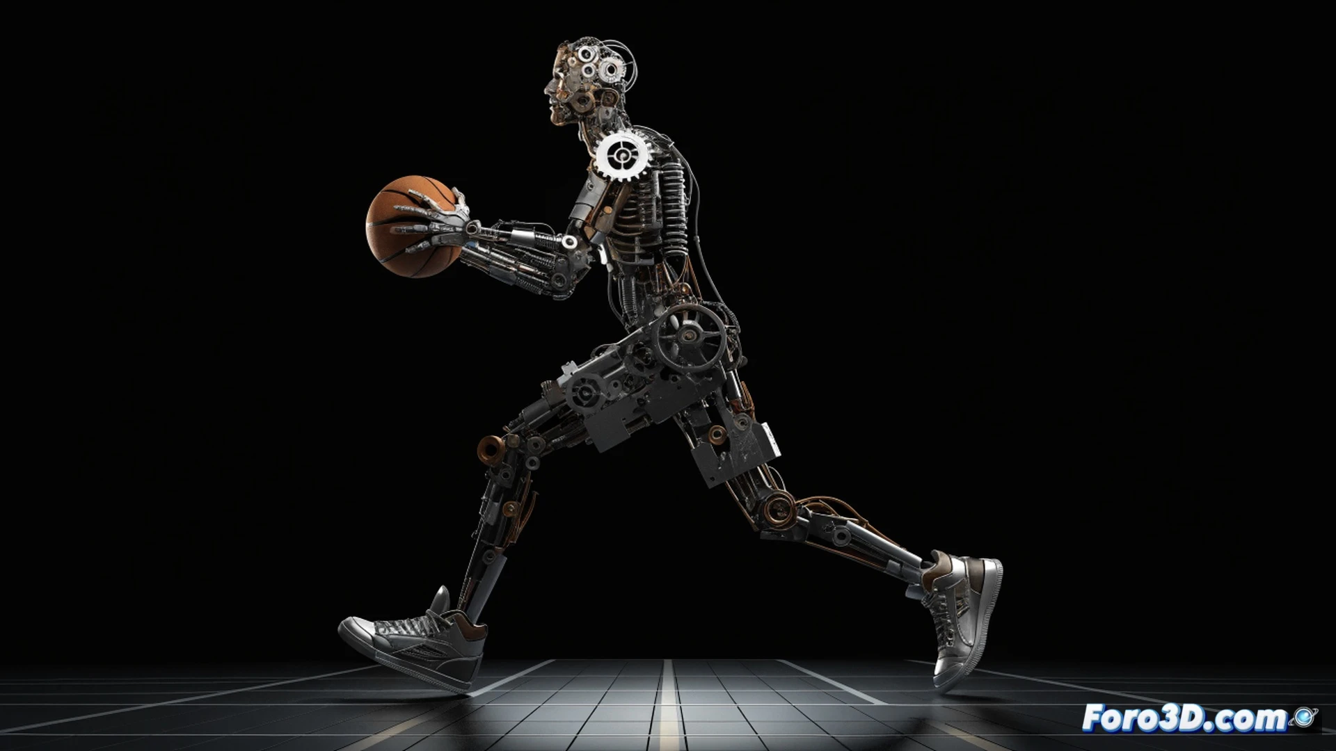 biomechanical analysis of Scoot Henderson in motion, low center of gravity during explosive first step, muscular legs with carbon fiber tendon overlays, 3D skeletal wireframe visible through translucent skin, measuring tools indicating 1.88m height and 2.05m wingspan, basketball court floor with motion capture markers, green laser tracking lines from feet to hip, red force vectors from ground impact, engineering visualization style, metallic muscle fiber textures, blue and orange contrast lighting, technical illustration with holographic joint torque displays, photorealistic render, frozen mid-action pose showing compact tank-like power