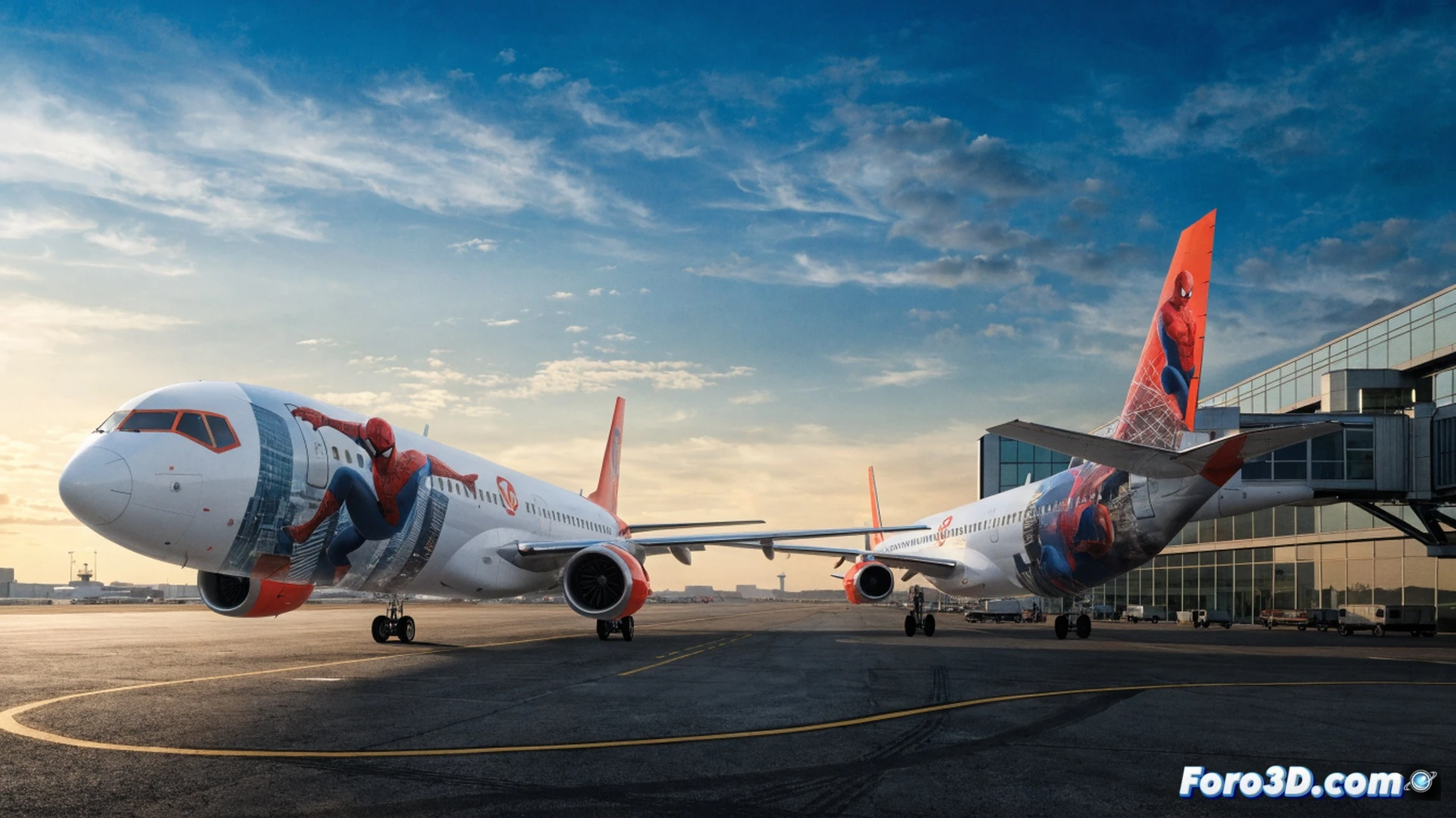 Scoot Boeing 787 Dreamliner taxiing on runway at sunset, aircraft fuselage wrapped in red and blue Spider-Man web pattern, wingtip vortices visible against orange sky, boarding bridge connected to cabin door, interior view through windows showing passengers seated with custom Spider-Man headrest covers, ground crew in high-vis vests near landing gear, cinematic aviation photography, photorealistic detail on composite materials and engine fan blades, dramatic golden hour lighting reflecting off metallic surfaces, motion blur on spinning tires, ultra-sharp technical render