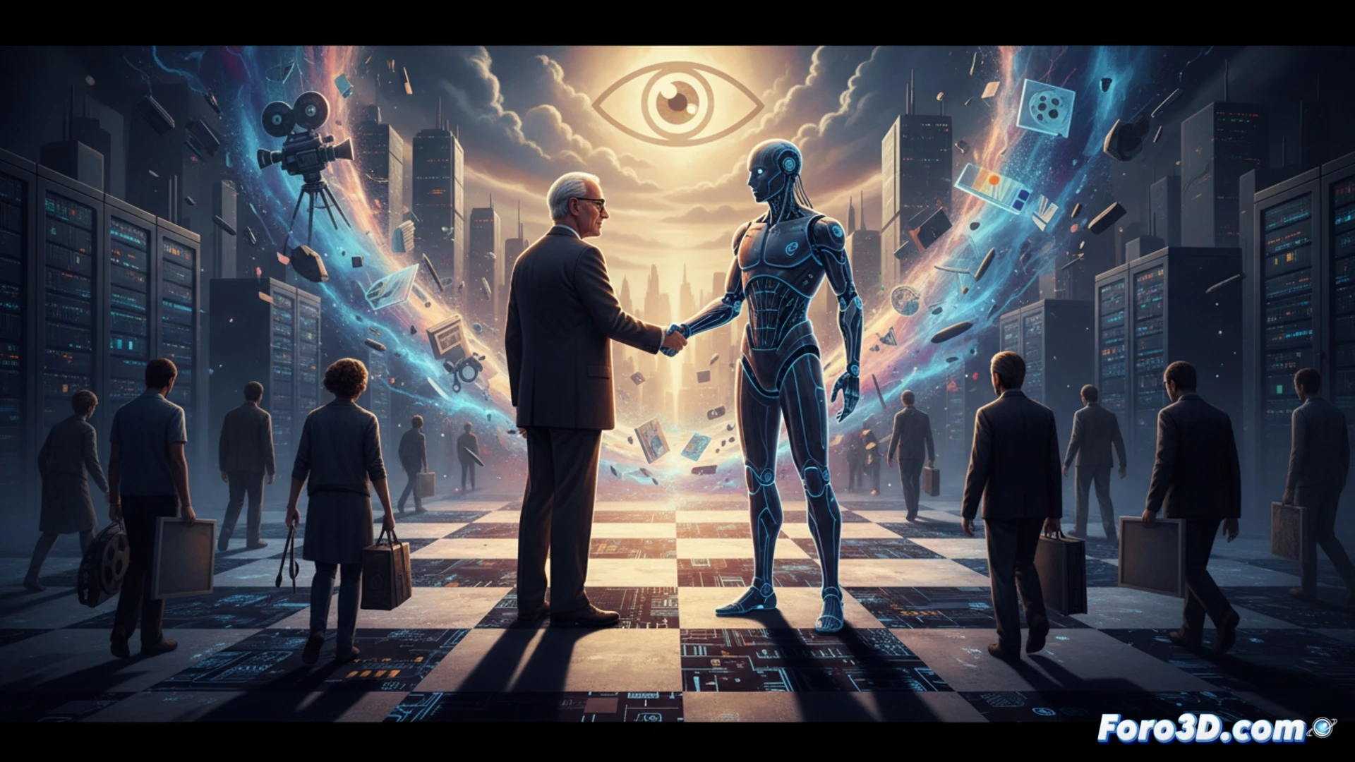 cinematic scene of a film director standing beside a glowing holographic AI interface, digital storyboard panels fading into empty director chairs, traditional sketch tools and paintbrushes lying abandoned on a cluttered table, while a robotic camera arm moves autonomously across a soundstage, empty crew positions visible in the background, cold blue LED lights illuminating the set, photorealistic technical visualization, dramatic shadows, high-contrast industrial lighting, metallic surfaces reflecting digital code, ultra-detailed textures, motion blur on the robotic arm, realistic cinematic render